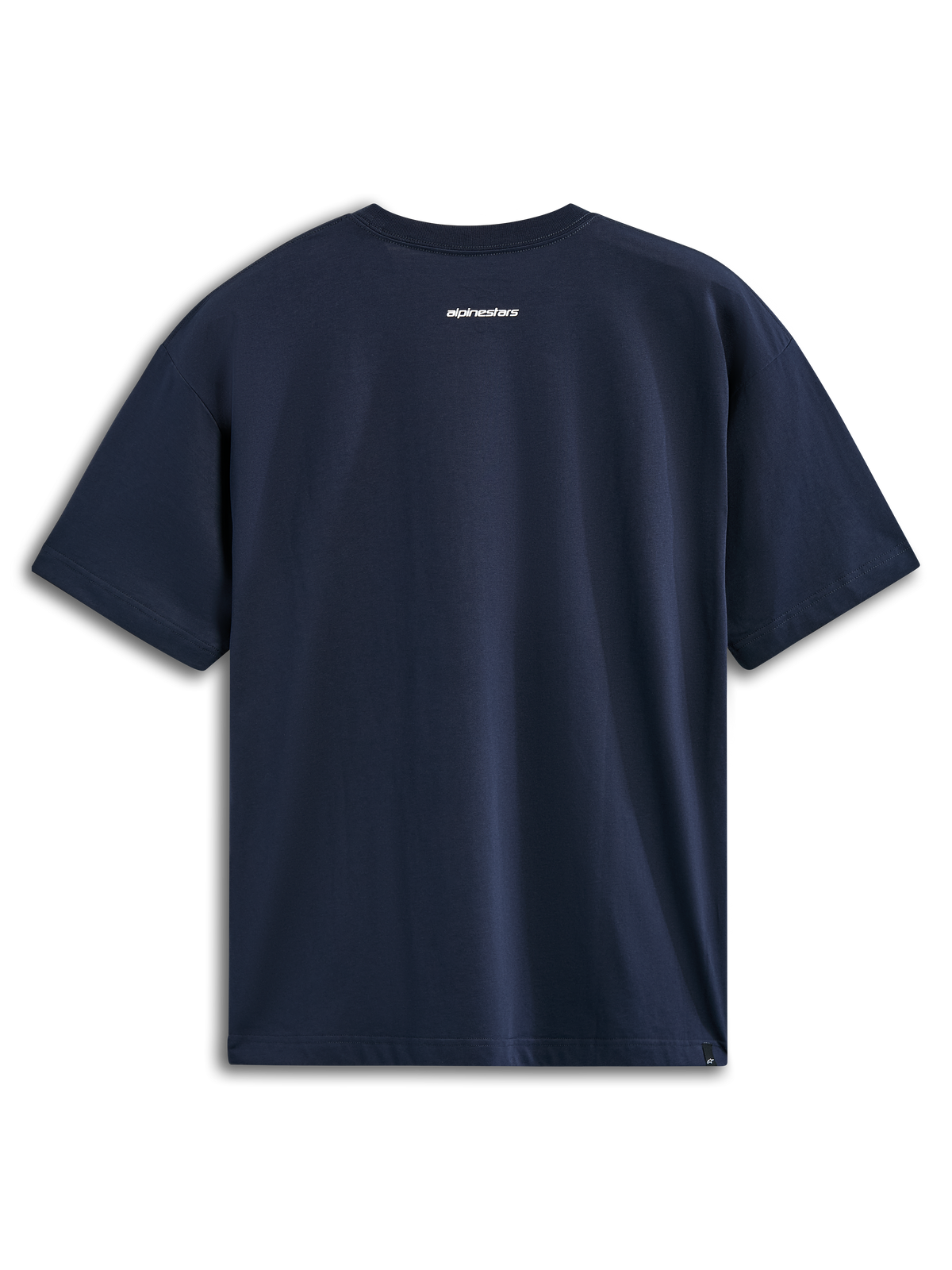 Alpinestars Focused Oversized CSF Tee, kortærmet t-shirt, marineblå, set bagfra med lille hvidt Alpinestars-tekstlogo, casual motorsport-streetwear