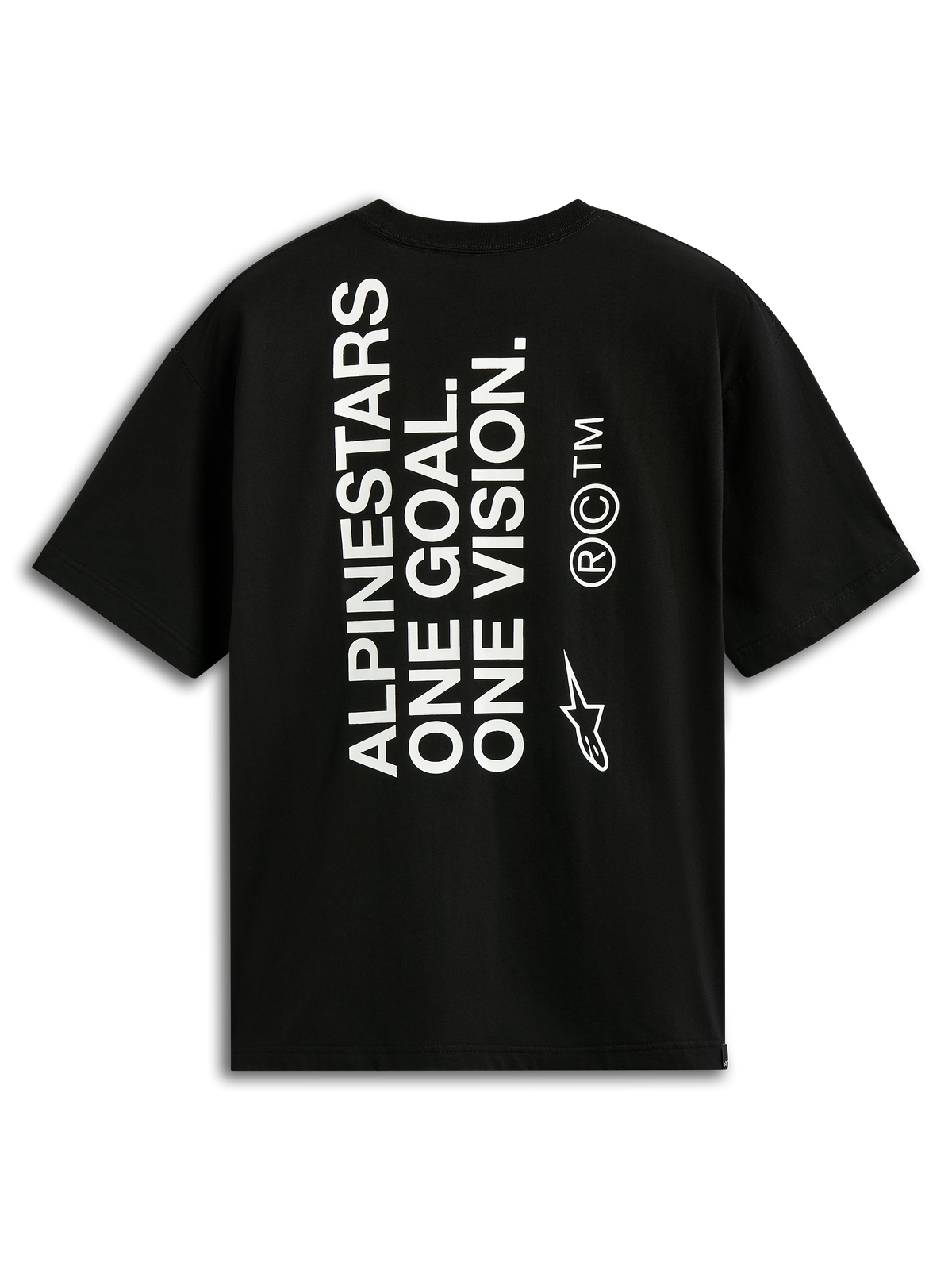 Alpinestars One Oversized CSF Tee, kortærmet T-shirt, sort, set bagfra med lodret hvid 'ALPINESTARS ONE GOAL. ONE VISION.' tekst og Astars-logo, casual motorsport-streetwear