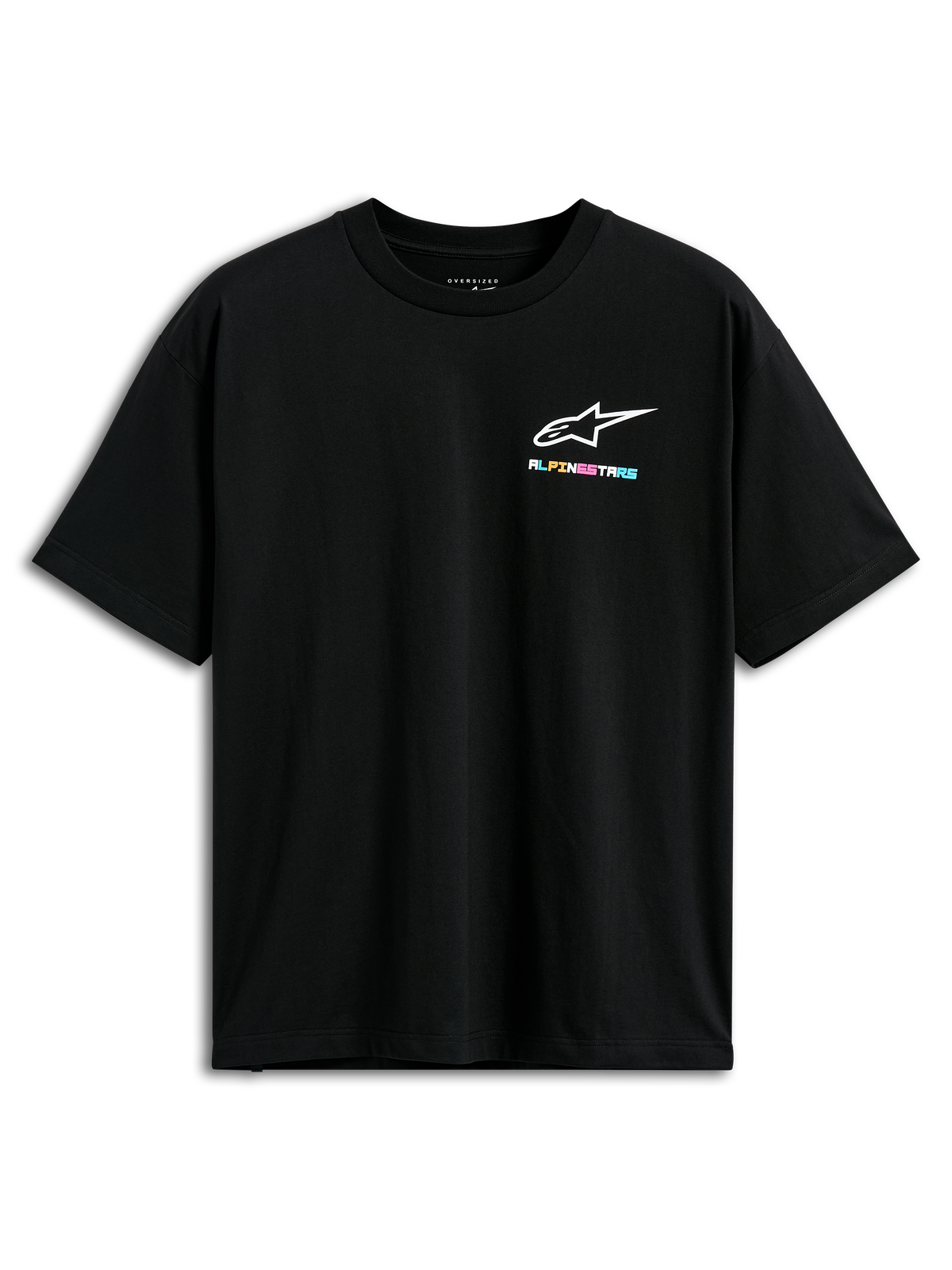 Alpinestars Wild Oversized CSF Tee, kortærmet T-shirt, sort, med et lille livligt flerfarvet Alpinestars-logo på brystet, oversized pasform, afslappet streetwear
