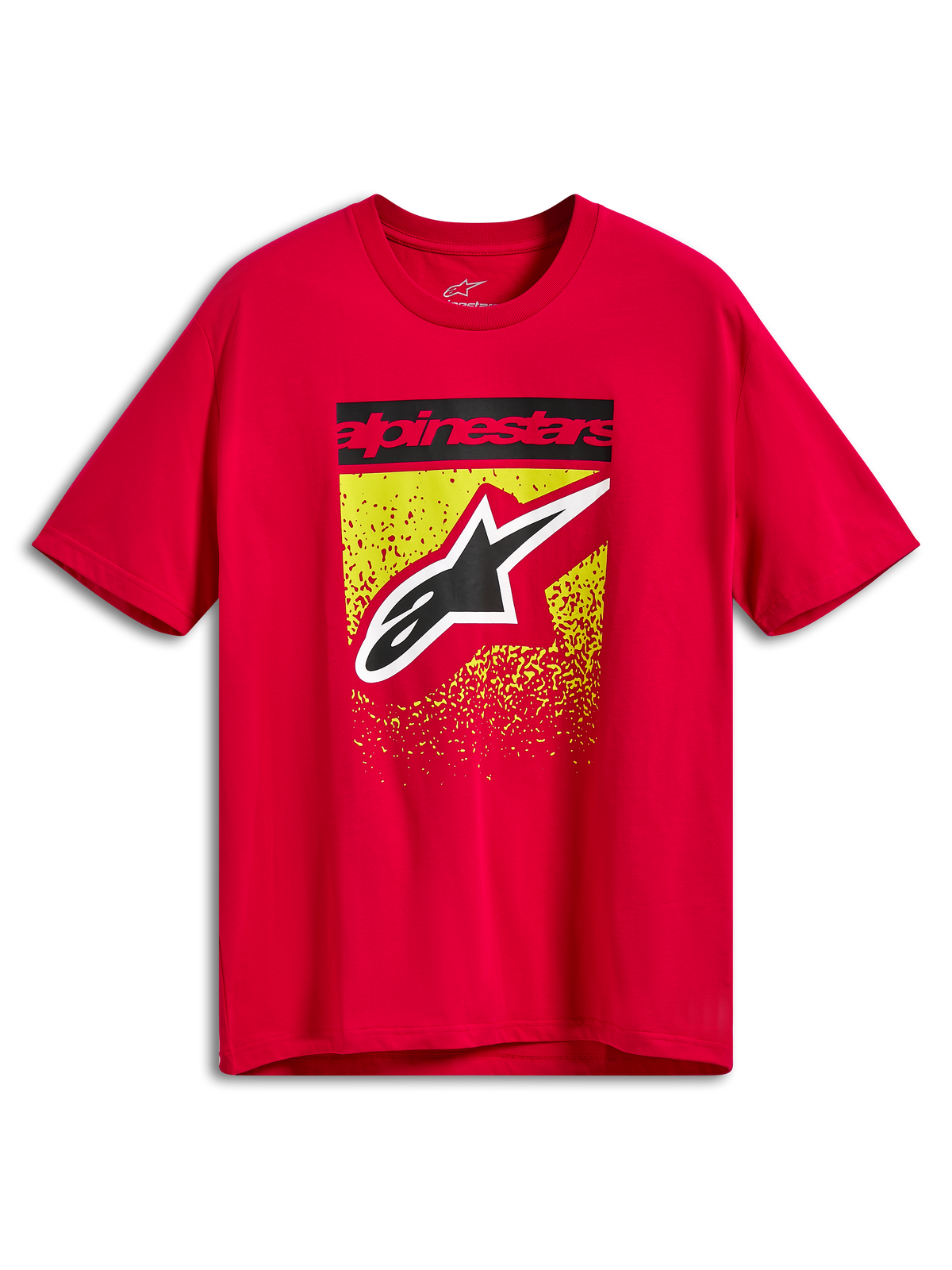 Alpinestars Noka CSF Tee, kortærmet t-shirt, rød, grafik på fronten med sort Alpinestars-tekstbjælke og stort Astars-logo over gul og rød MX-graduering med splatter-effekt, afslappet motorsport-sportstøj