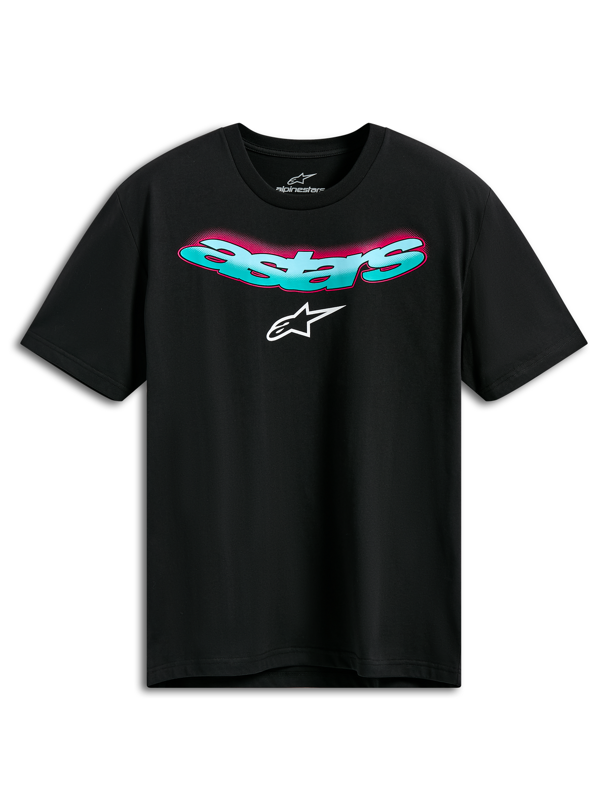 Alpinestars Ellipsoid CSF Tee, kortærmet t-shirt, sort, buet turkis Astars-tekst med lyserød farveovergang og hvidt logo, casual motorsport sportstøj