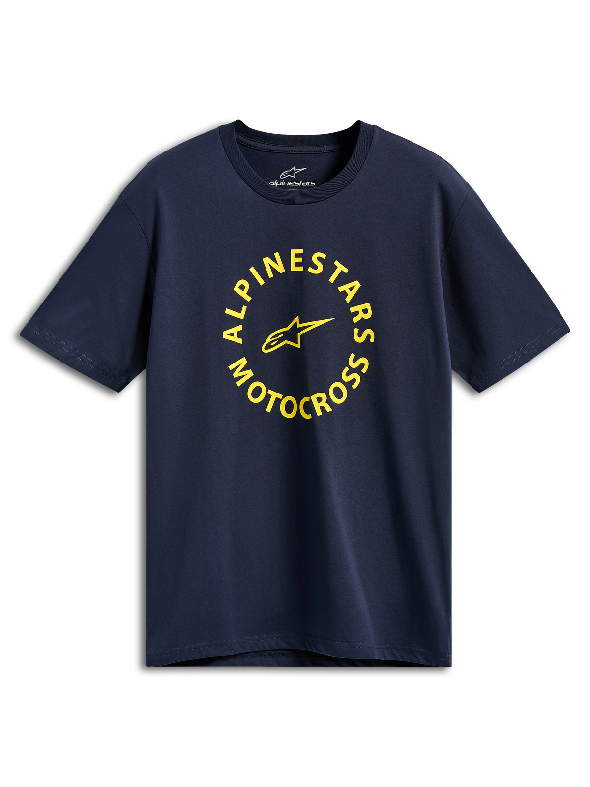 Alpinestars MX CSF T-shirt, kortærmet t-shirt, mørkeblå, gul cirkulær Alpinestars Motocross-grafik, afslappet motorsport streetwear