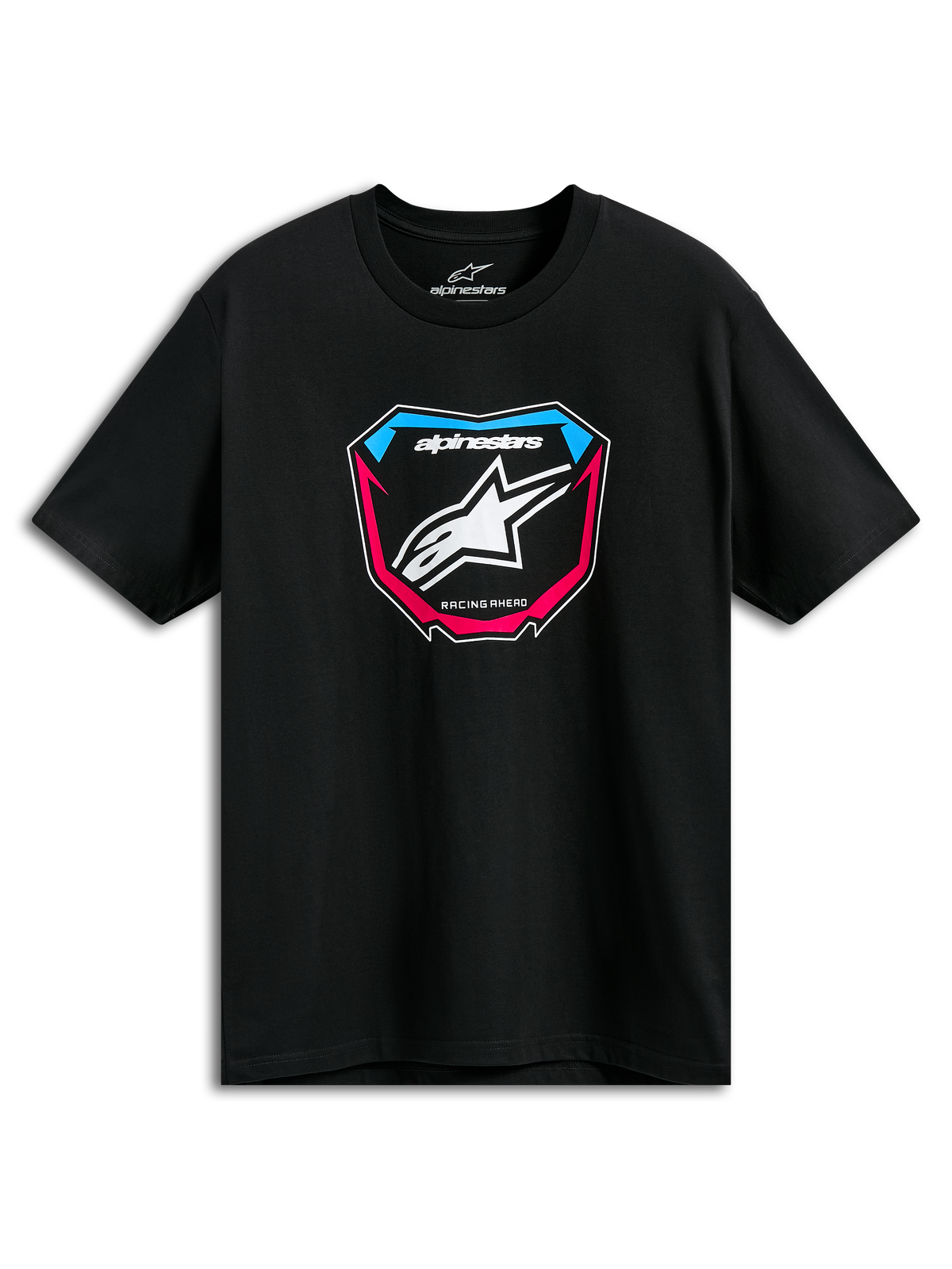 Alpinestars Plate CSF T-shirt, kortærmet T-shirt, sort, MX-plade grafik på forsiden med hvidt stjerne-logo og blå og lyserøde detaljer, casual motorsport sportstøj