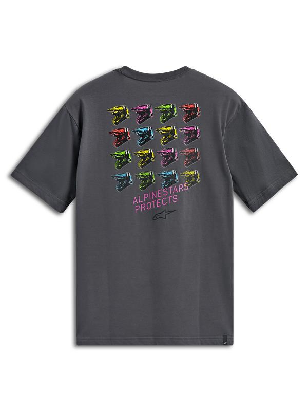 Alpinestars Pop Helmet CSF Tee, kortærmet T-shirt, koksgrå, ryg-grafik med farverig M10 hjelm-grafik og Alpinestars Protects-logo, afslappet motorsport-sportstøj