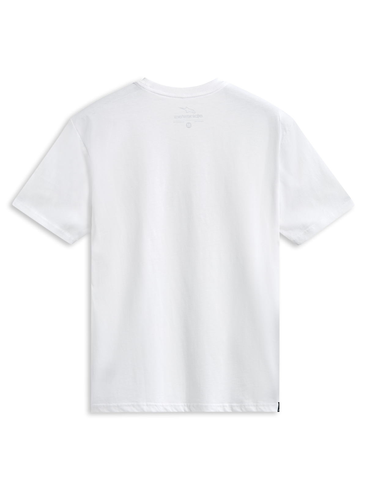 Alpinestars Abus CSF Tee, kortærmet t-shirt, hvid, buet Alpinestars-logo med flere stablede logoer, afslappet motorsportstøj