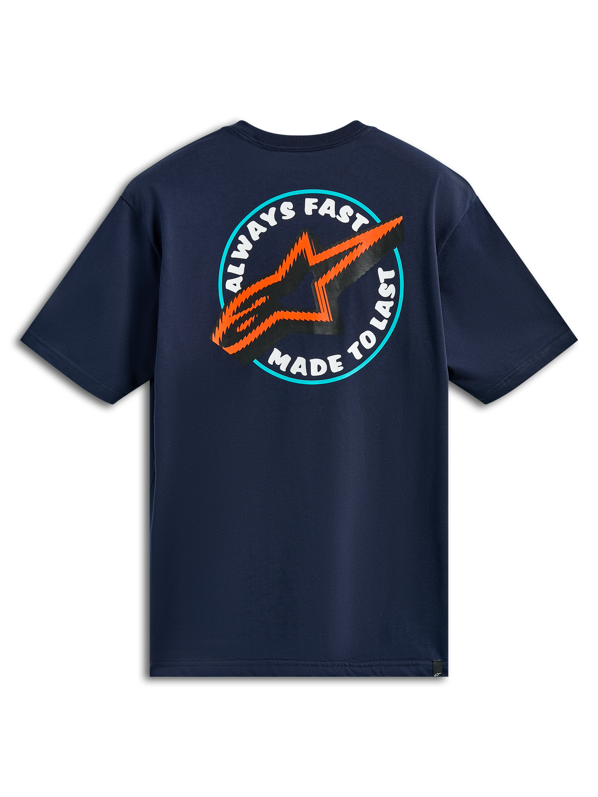Alpinestars Aorbit CSF Tee, kortærmet t-shirt, marineblå, set bagfra med rund Always Fast Made to Last-grafik og orange og sort stjerne-logo, casual motorsport streetwear