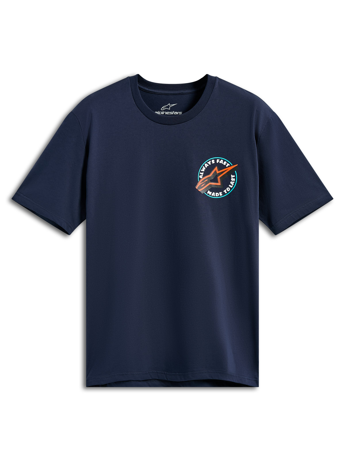 Alpinestars Aorbit CSF Tee, kortærmet T-shirt, marineblå, rund brystgrafik med orange Astars-logo og Always Fast Made to Last tekst, casual motorsport-sportstøj
