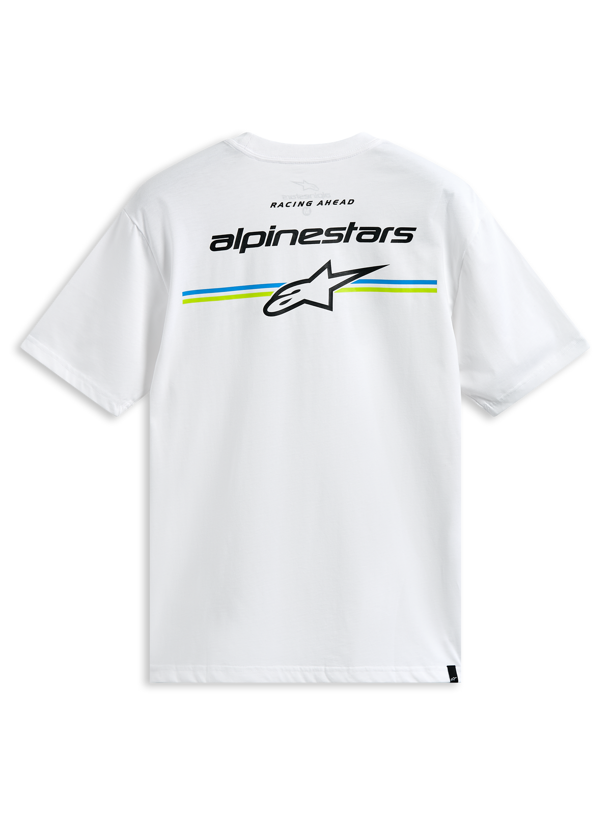 Alpinestars Lanes CSF T-shirt, kortærmet hvid T-shirt, med Alpinestars-ordmærke og Astars-logo over blå og limegrønne striber på ryggen, casual motorsport-streetwear