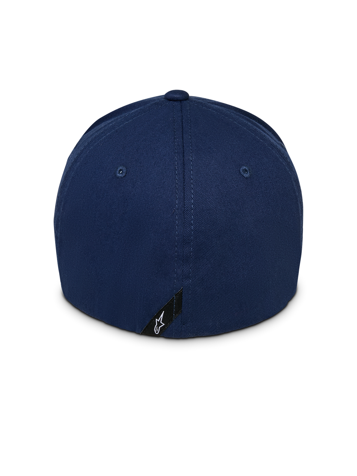 Alpinestars Instinct kasket, marineblå baseball-kasket, set bagfra, struktureret krone og fleksibel bagside, lille sort label med hvidt Astars-stjernelogo på den nederste kant