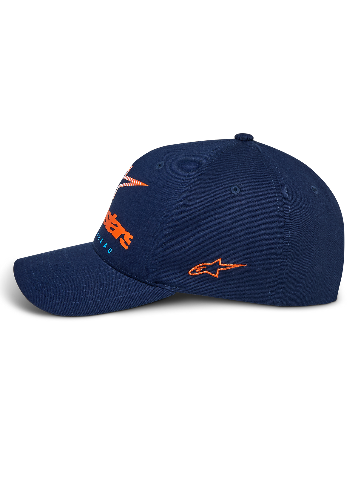 Alpinestars Instinct Kasket, navyblå sportskasket, set fra siden med buet skygge, orange broderet logo på siden, frontlogo med orange farvegradieret print, struktureret krone i twill-stof