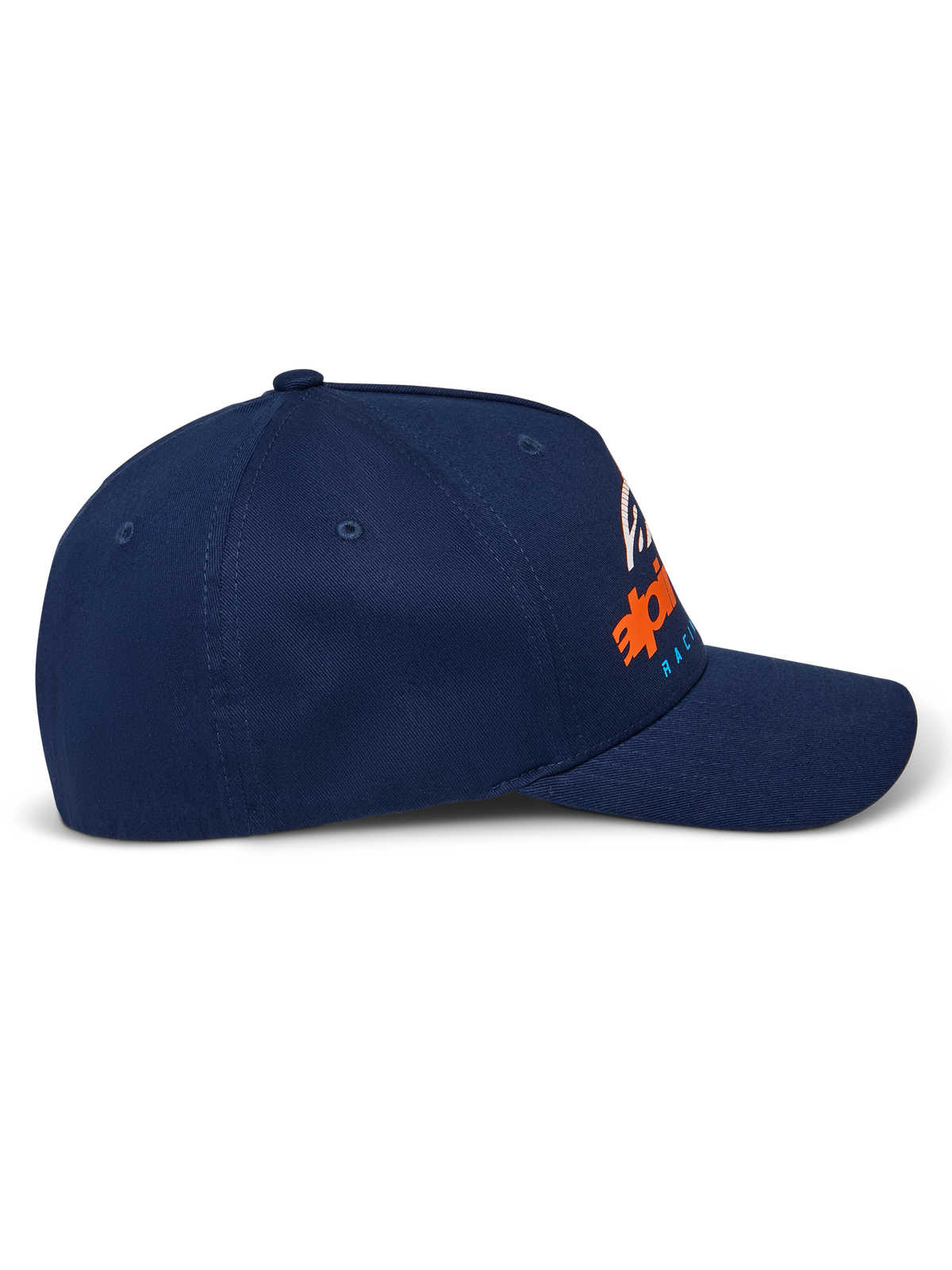 Alpinestars Instinct kasket, navy, buet skygge med struktureret krone, set fra siden med orange og blå gradient logoprint, afslappet sportstøj
