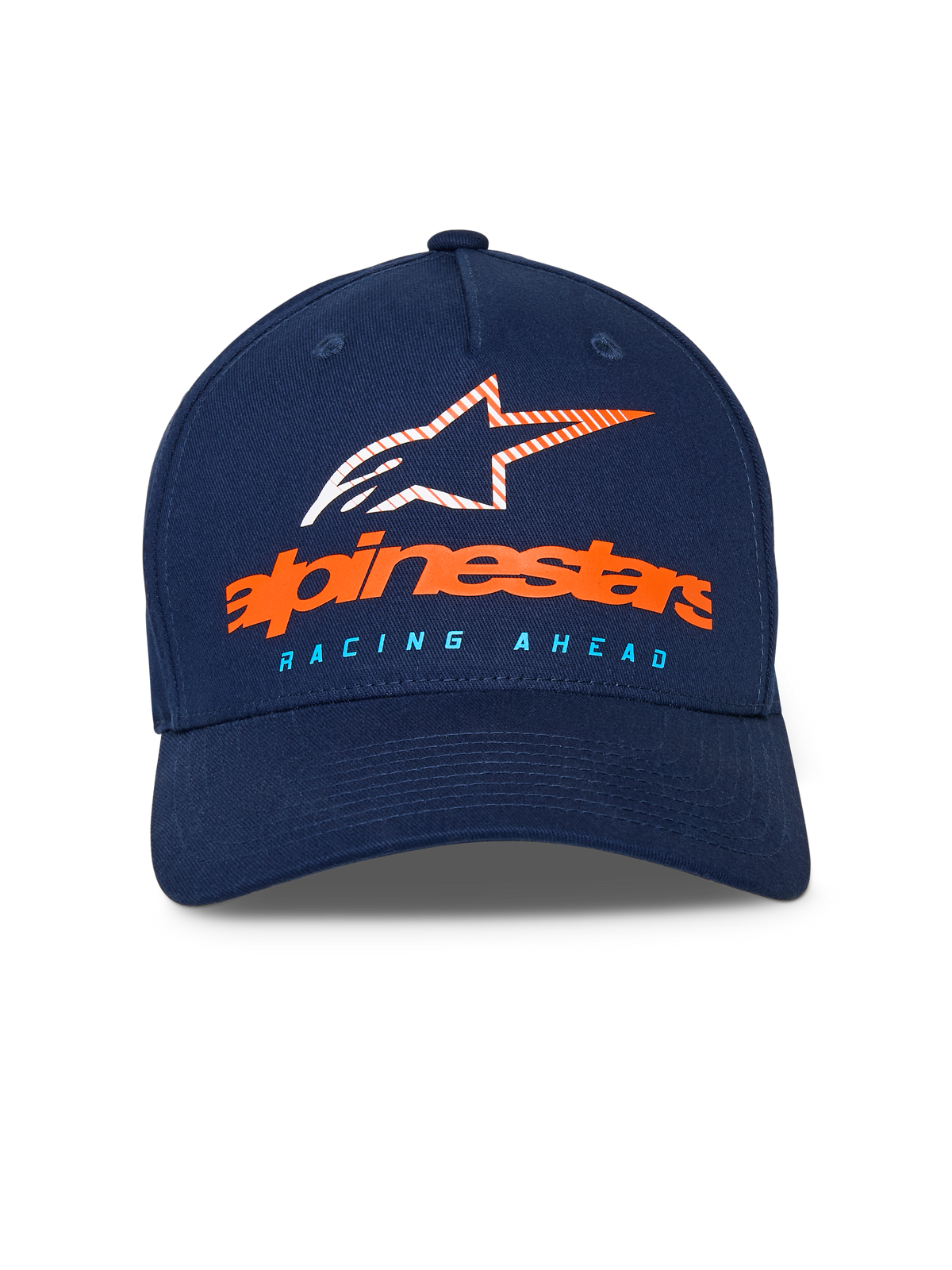 Alpinestars Instinct kasket, mørkeblå baseballkasket, buet skygge med struktureret krone, orange Alpinestars-navnetræk og stribet stjernelogo på fronten, lyseblå "RACING AHEAD" tekst, casual sportstøj