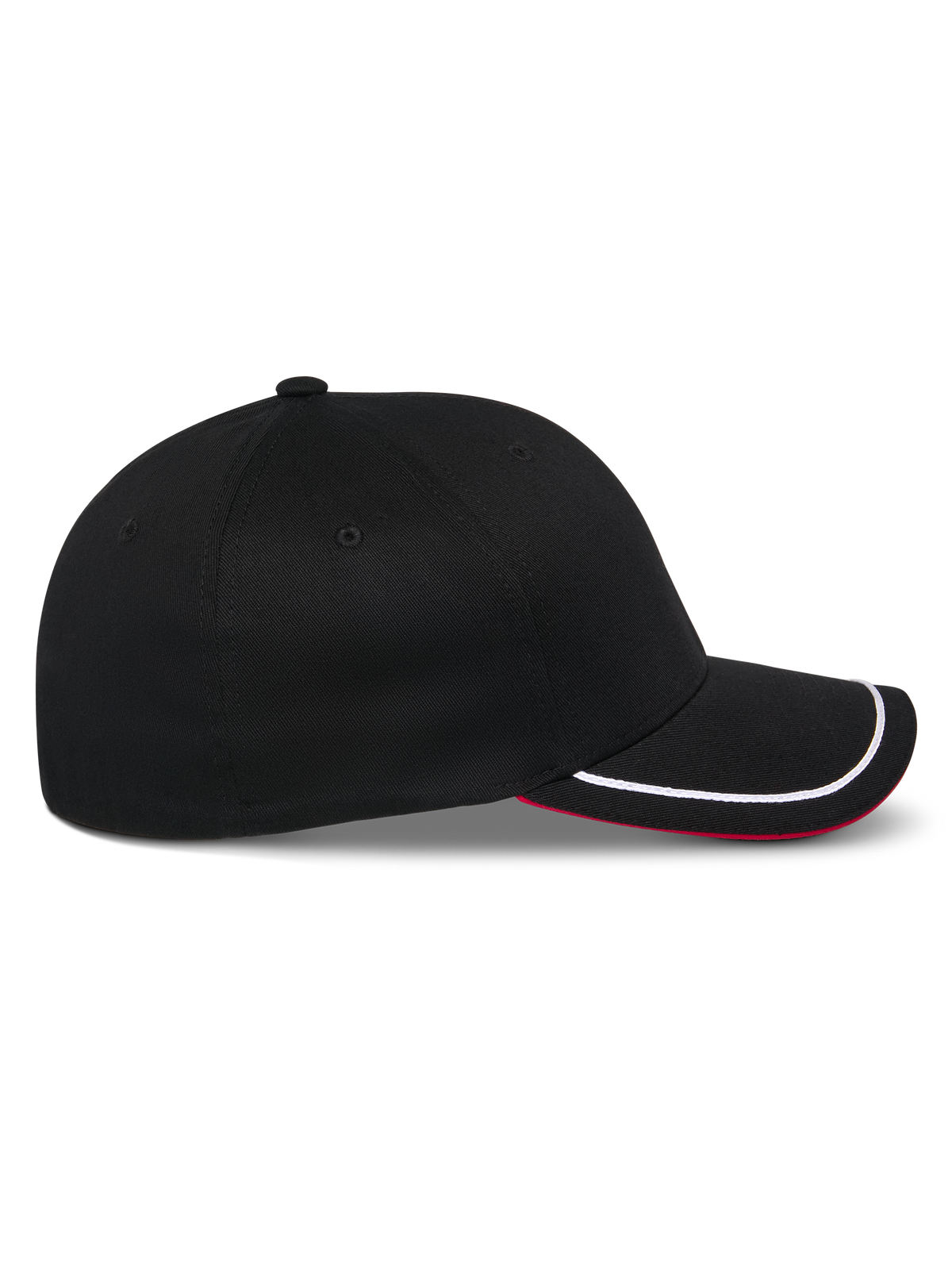 Alpinestars Corp Shift Relay Hat, Black Baseball Cap, side profile, curved bill with white sutache trim and red underside, structured crown, casual motorsport-inspired headwear