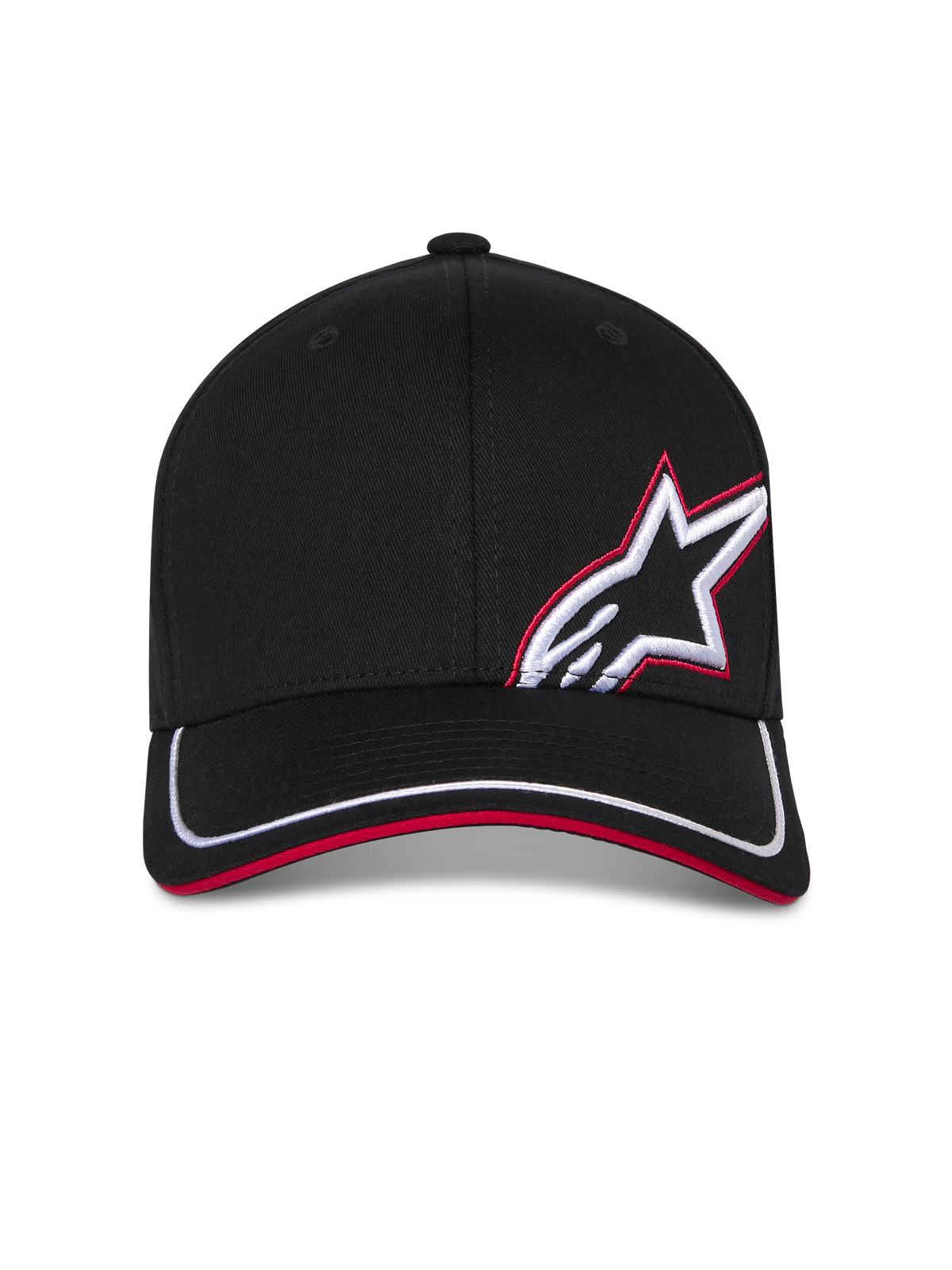 Alpinestars Corp Shift Relay Hat, Black Baseball Cap, curved bill with white trim and red sandwich, front-side 3D Astars logo embroidery in white and red, casual motorsport-inspired sportswear