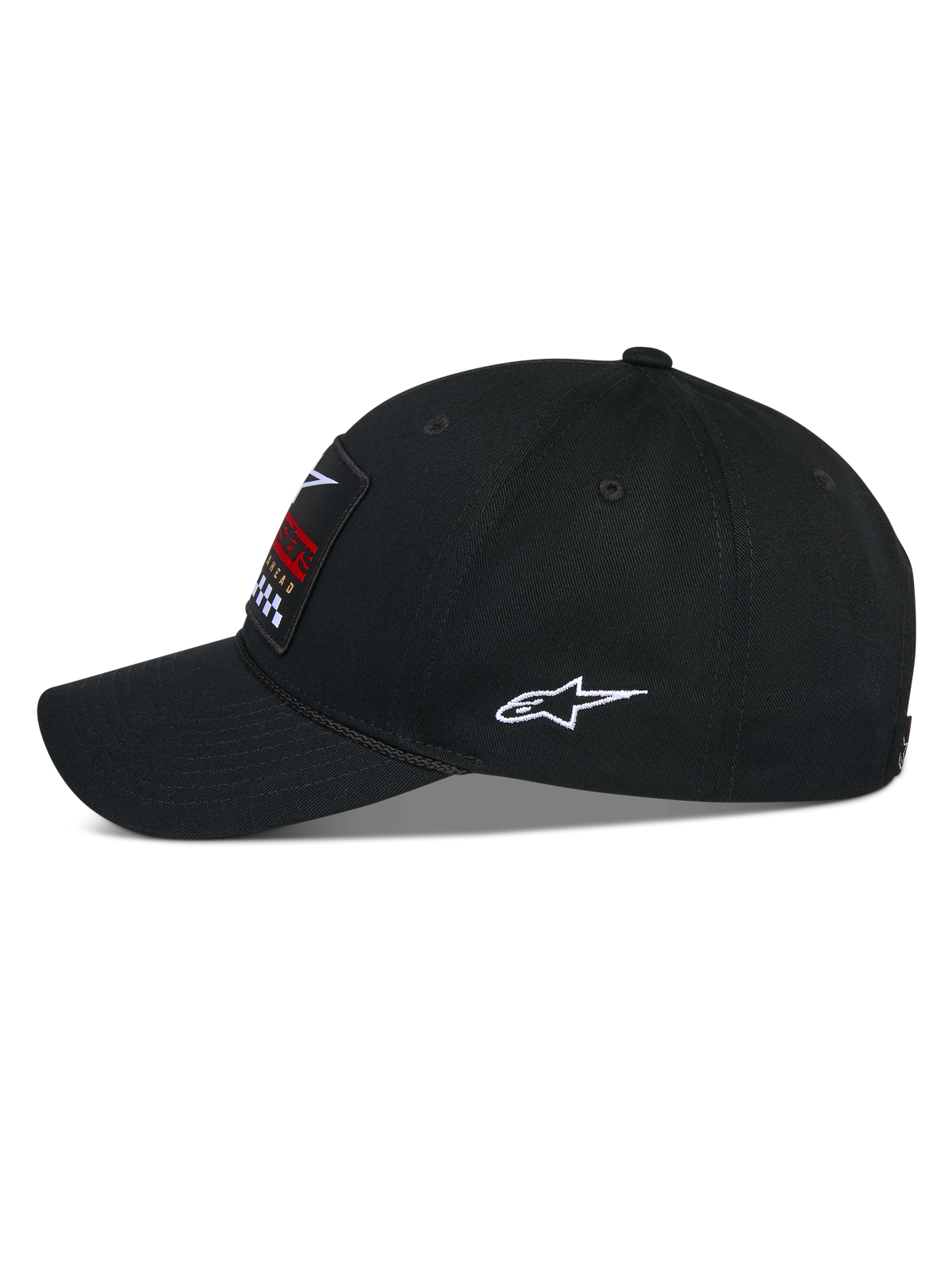 Alpinestars Matrix Snapback Hat, Black, side view of a casual baseball cap with a curved bill and structured crown, featuring a front multicolor embroidery patch and a white Astars logo on the side, cotton twill construction.