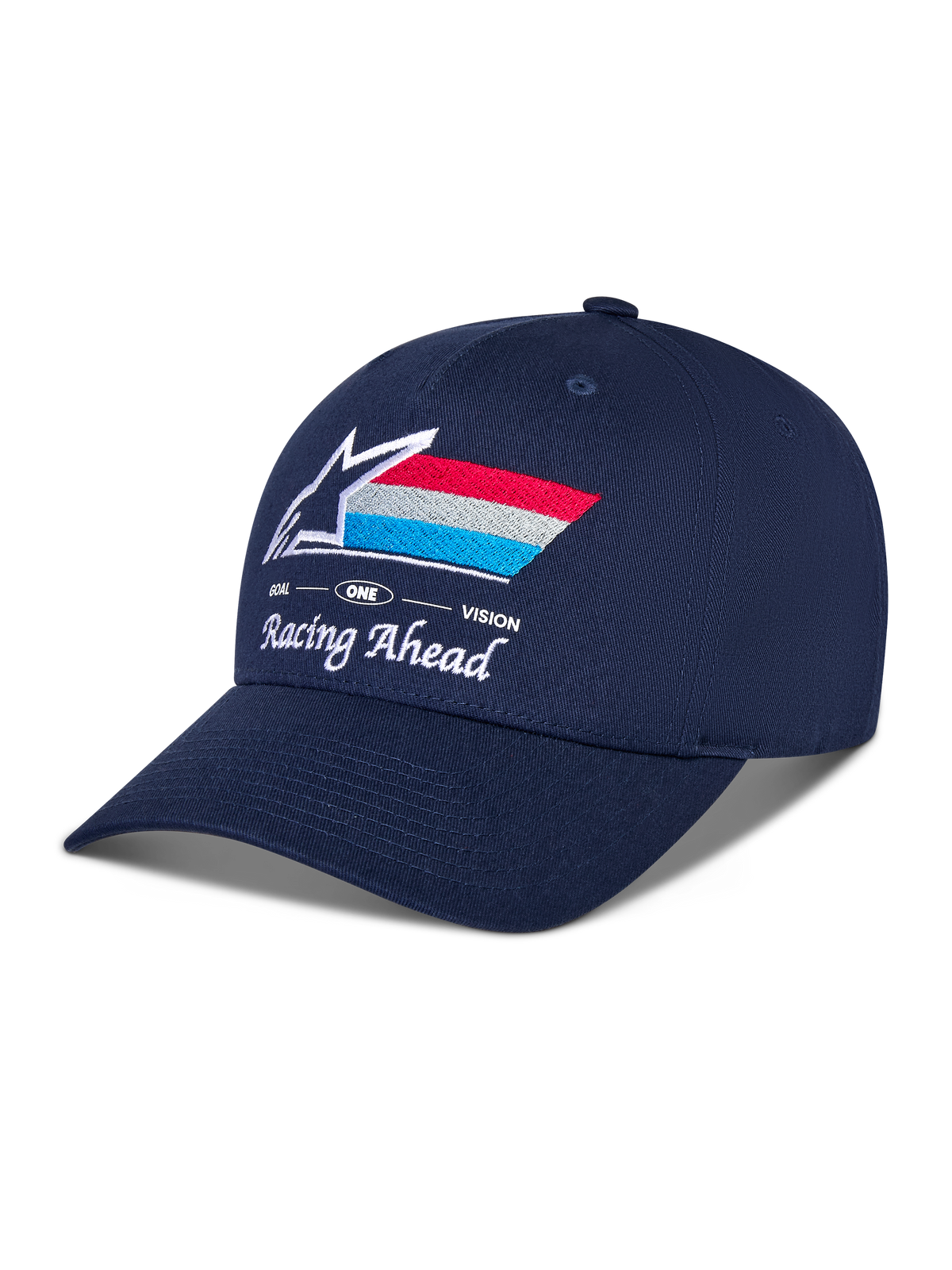 Alpinestars Trifecta Snapback Hat, Navy Blue, curved bill with structured crown, front embroidered Astars logo with red, white, and light blue stripes, 'Racing Ahead' and 'Goal One Vision' white text, casual motorsport headwear