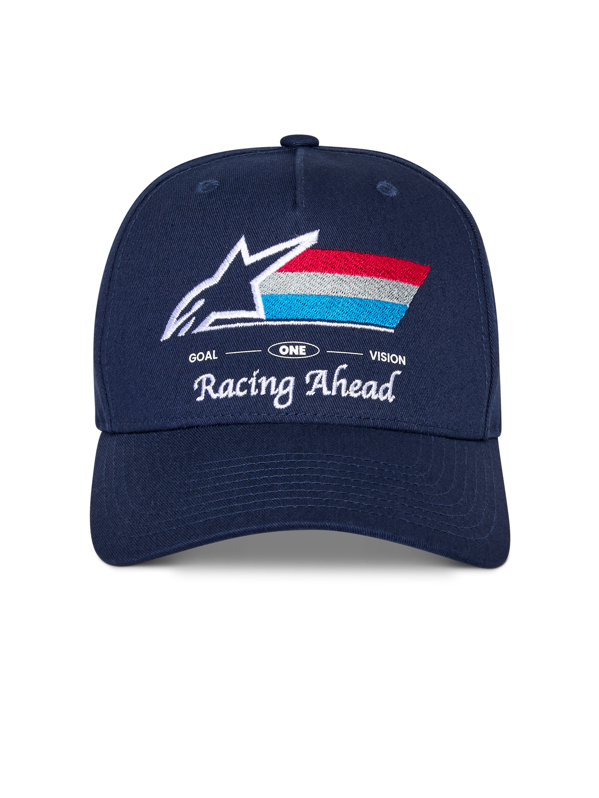 Alpinestars Trifecta Snapback kasket, mørkeblå kasket med buet skygge, broderet logo på fronten med hvid stjerne og trefarvede striber, 'Racing Ahead' og 'Goal One Vision' hvid tekst, struktureret krone, afslappet motorsport-inspireret hovedbeklædning