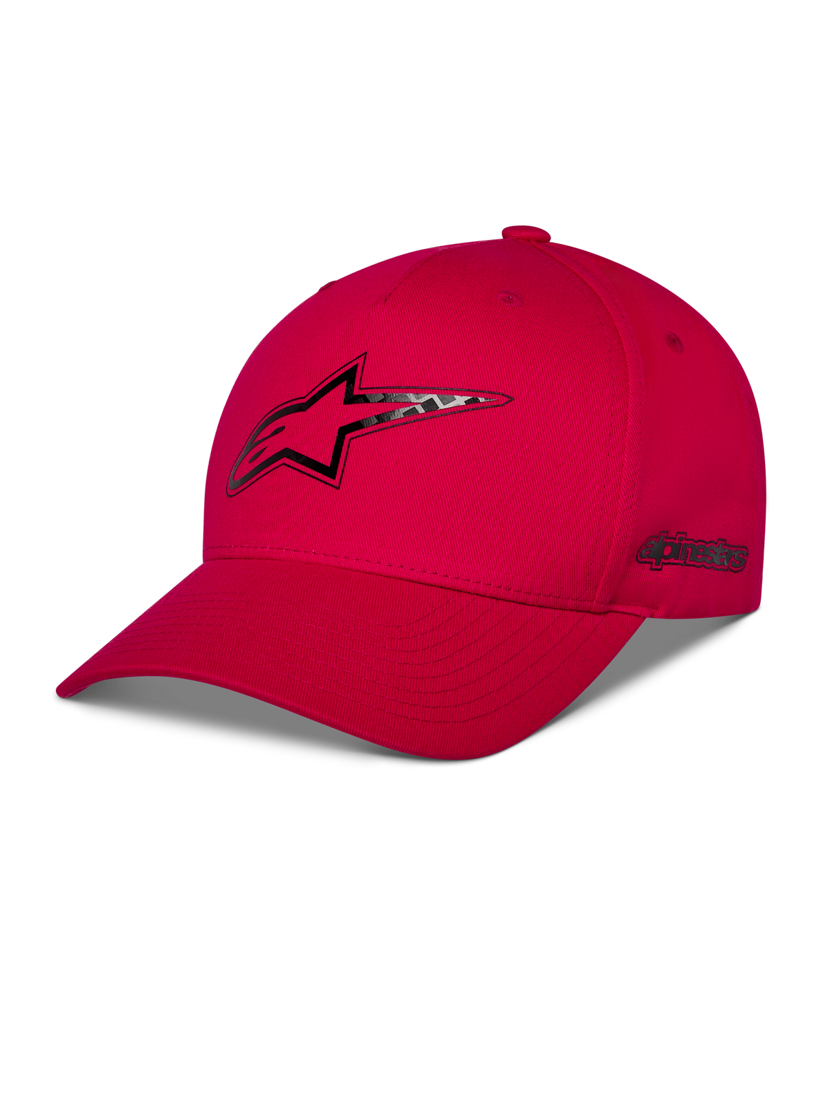 Alpinestars Carbon Fiber Snapback kasket, rød, Astars-logo på fronten og ordlogo på siden med carbon fiber-look heat transfer print, buet skygge og struktureret krone, afslappet motorsport-streetwear