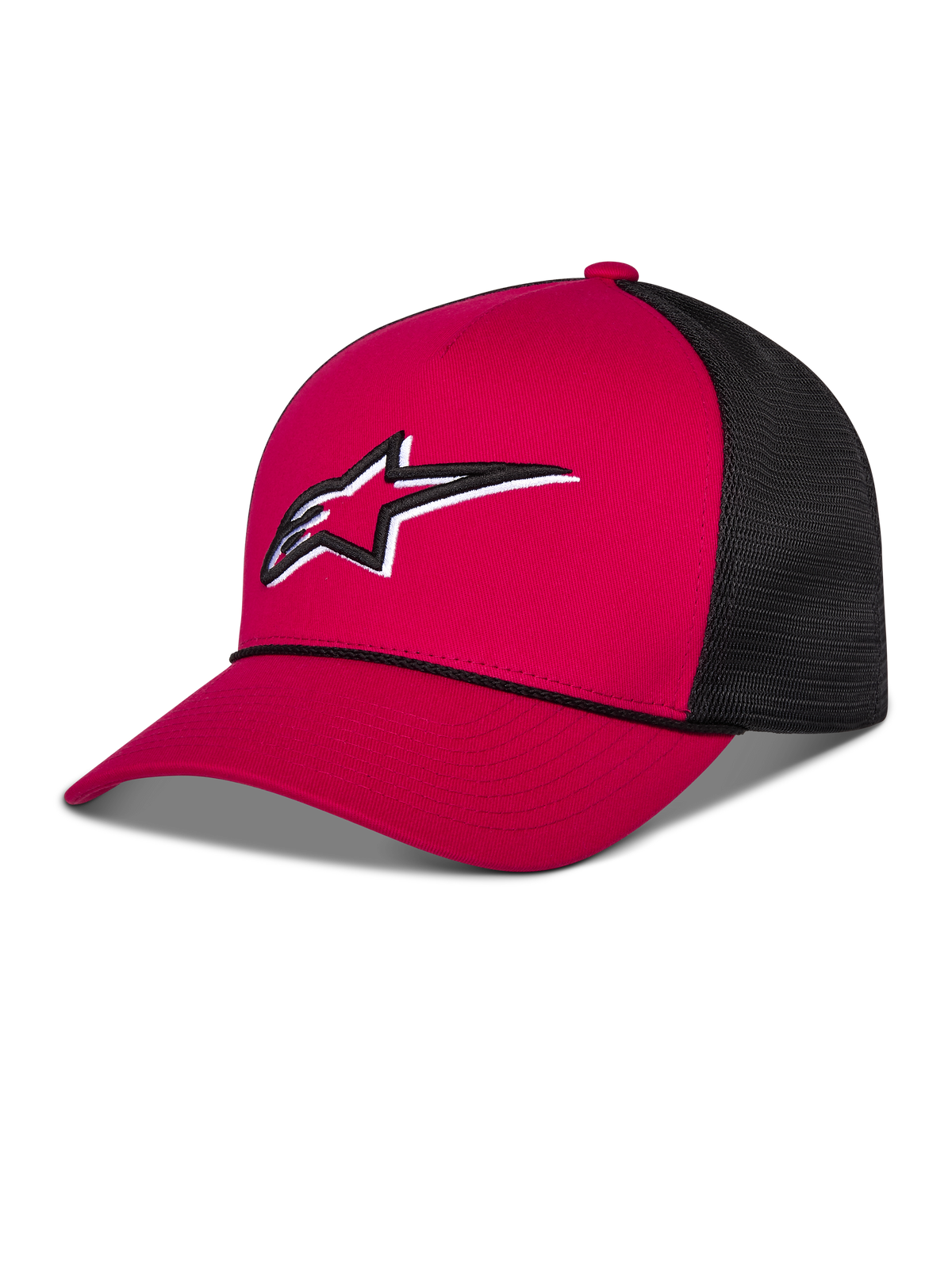 Alpinestars Ageless Shadow Trucker kasket, rød og sort, med rød struktureret krone og buet skygge, sorte mesh-paneler bagpå, hvidt og sort broderet Astars-logo på forsiden, afslappet motorsport-inspireret hovedbeklædning