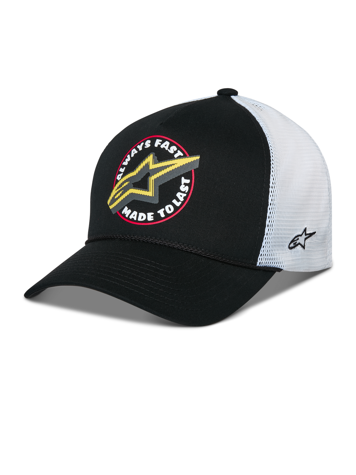 Alpinestars Aorbit Trucker Hat, sort og hvid snapback-kasket, med 'Always Fast Made to Last'-grafik og gult Astars-logo på fronten, hvid mesh-bagside med broderi på siden og buet skygge