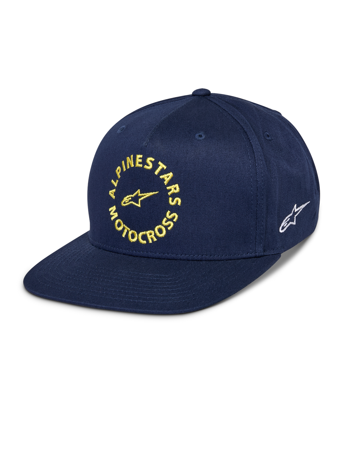 Alpinestars MX Snapback kasket, navyblå, flad skygge med struktureret krone, gul broderet Alpinestars Motocross-grafik på fronten, hvidt Astars-logo på siden, bomuldstwill, afslappet motorsport-hovedbeklædning