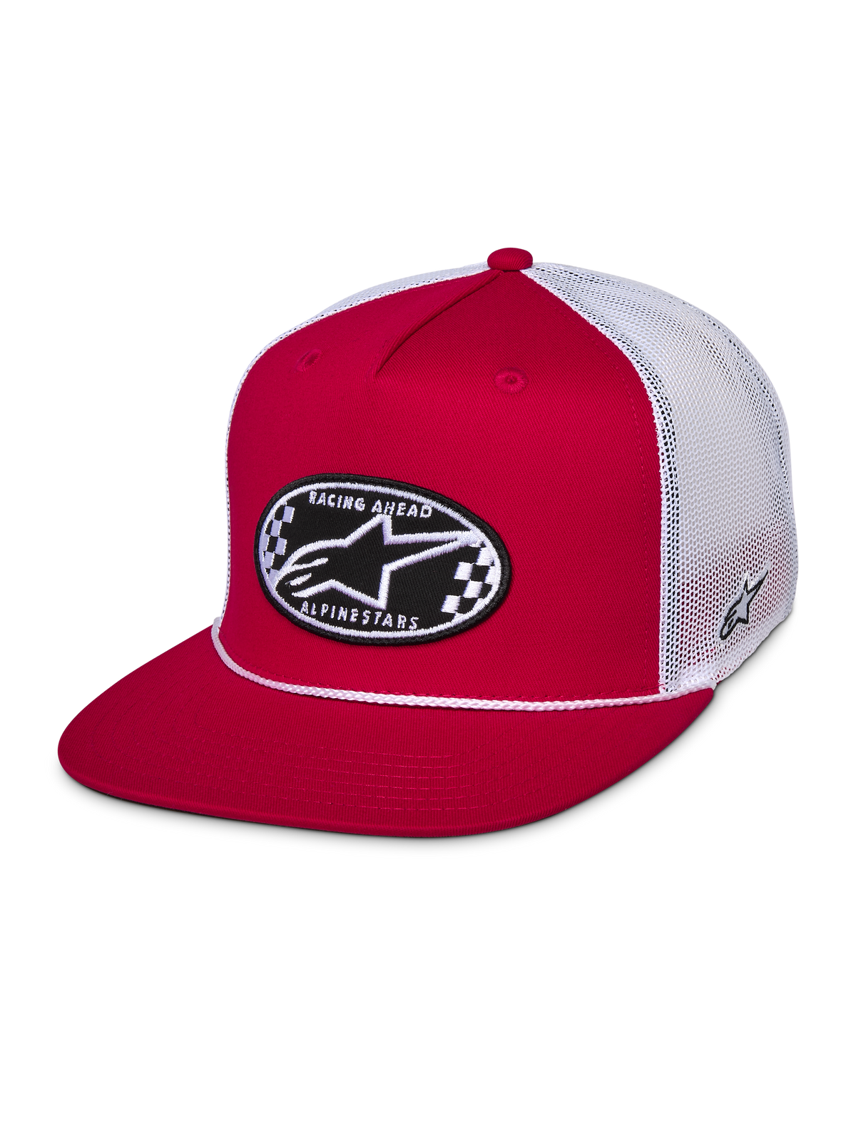Alpinestars Contender Trucker kasket, rød og hvid, snapback med flad skygge med et ovalt broderet Astars-patch med tern på forsiden, hvidt poly-mesh bagstykke, afslappet motorsport-streetwear