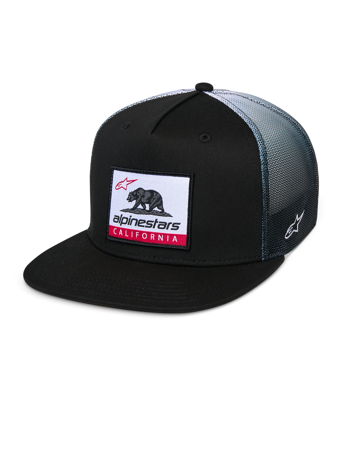 Alpinestars Cali Gradient Trucker Hat, trucker cap, sort med grå gradient mesh-bagside, med et vævet Cali Bear label-patch med røde detaljer, flad skygge, Astars-logo broderet på siden, afslappet sportstøj