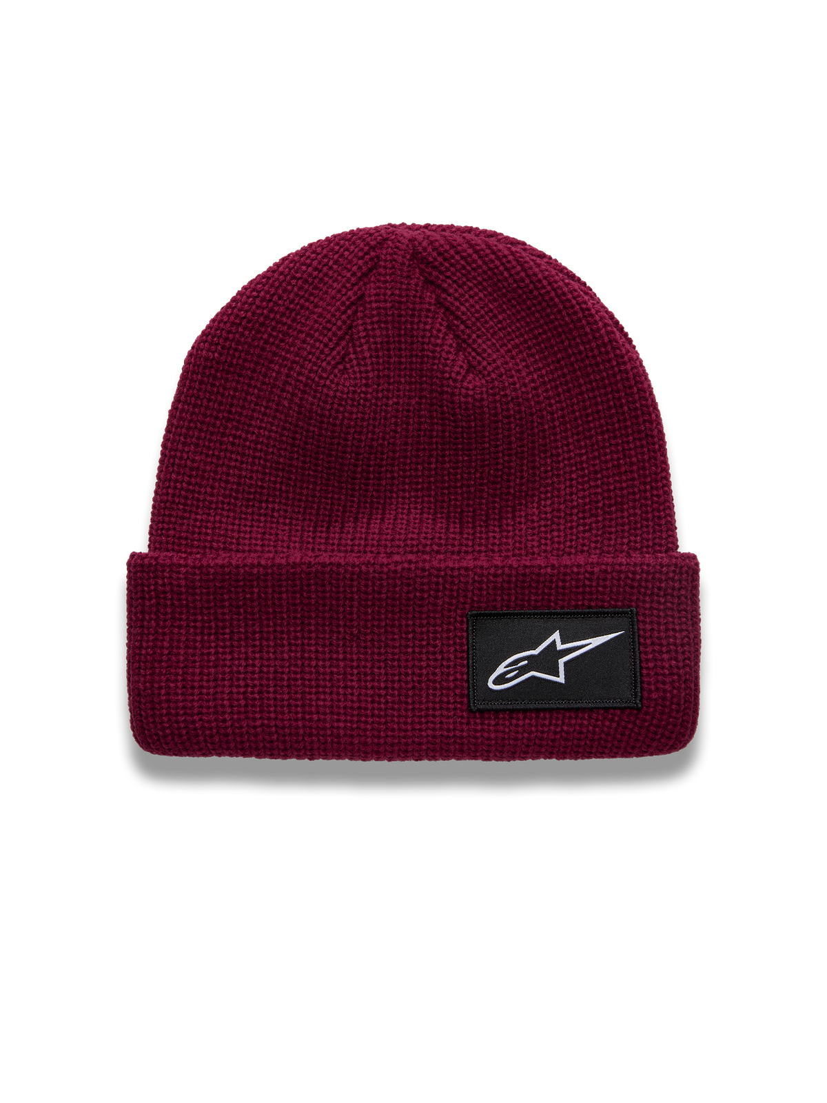 Alpinestars Unload Rib Cuff Hue, mørkerød beanie med strikket jersey-søm og sort vævet Astars-logopatch, afslappet sportswear