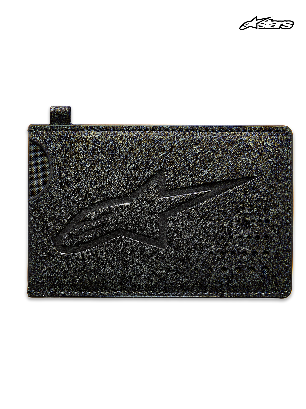 Alpinestars Ageless kreditkortholder, sort spaltlæder, med præget Astars-logo og buet udskæring