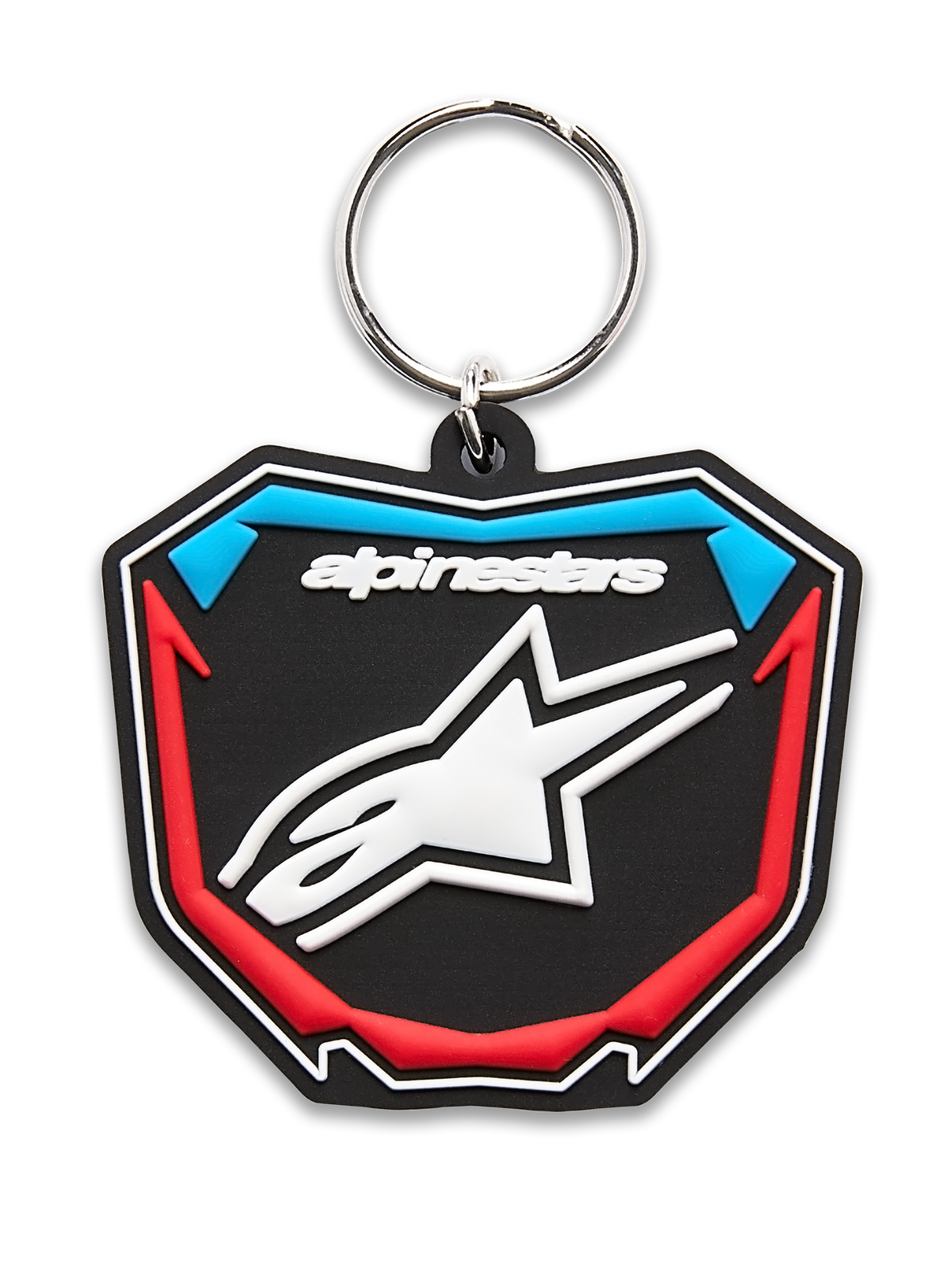 Alpinestars Plate nøglering, 3D-formet nøglering, sort, blå og rød, skjoldformet motocross-pladedesign med hvidt stjernelogo og metalring, casual motorsport-tilbehør