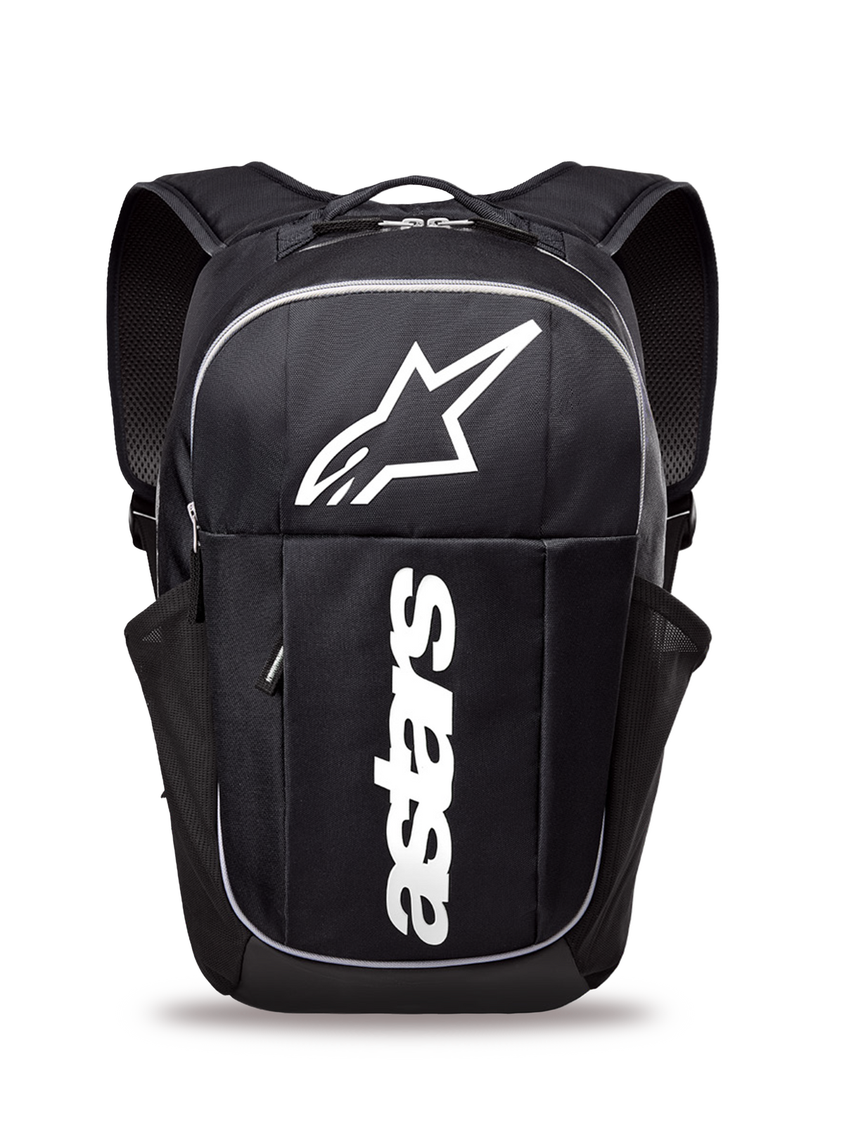 Alpinestars GFX Boss rygsæk, mellemstor rygsæk til daglig brug, sort og hvid, med et stort hvidt Astars-logo og vertikal branding, sidemaskelommer til drikkedunke, polstrede air mesh-skulderstropper, holdbar konstruktion til hverdagsbrug