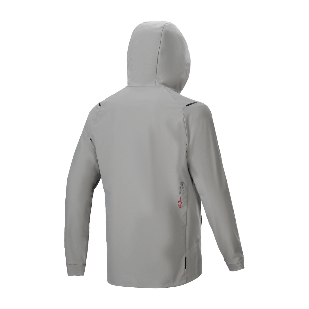 Alpinestars A-Dura Thermal Jacket, isoleret cykeljakke, Titanium grå, set bagfra med hætten oppe, minimalistisk design med lille logodetalje på lænden, letvægts termisk ydeevne til mountainbiking.