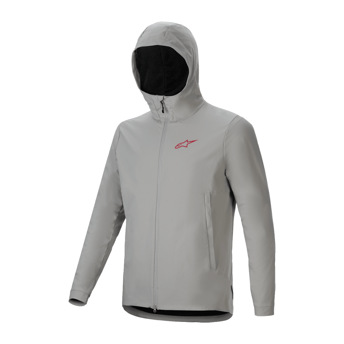 Alpinestars A-Dura Thermal Jacket, lysegrå Titanium cykeljakke med isoleret hætte, rødt logo på brystet og fuld lynlås foran, teknisk mountainbike-udstyr til beskyttelse i koldt vejr