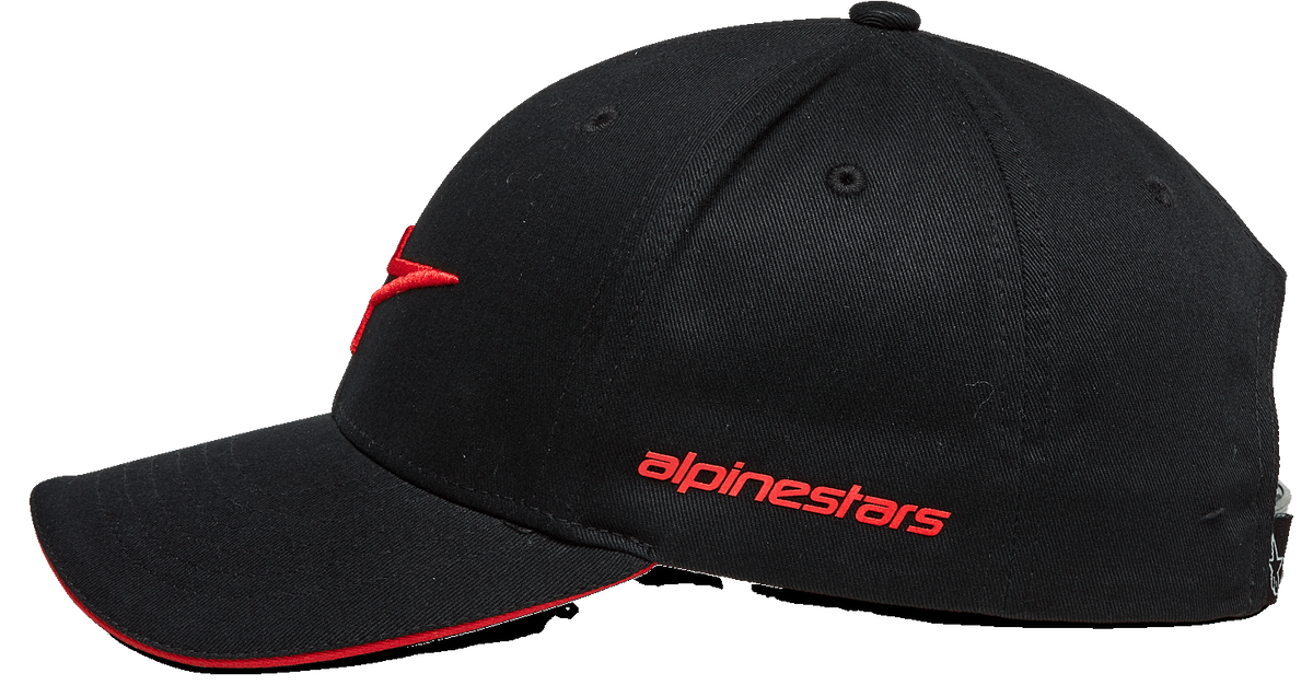 Alpinestars Rostrum Hat, Baseball Cap, Black and Red, side profile view, curved bill with red sandwich edge, 3D embroidered logo on front, red alpinestars wordmark on side, casual motorsport streetwear