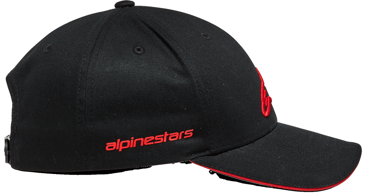Alpinestars Rostrum Hat, Curved Bill Snapback Cap, Black and Red, side profile view featuring red Alpinestars wordmark, structured crown, and red sandwich bill edge, motorsport-inspired headwear