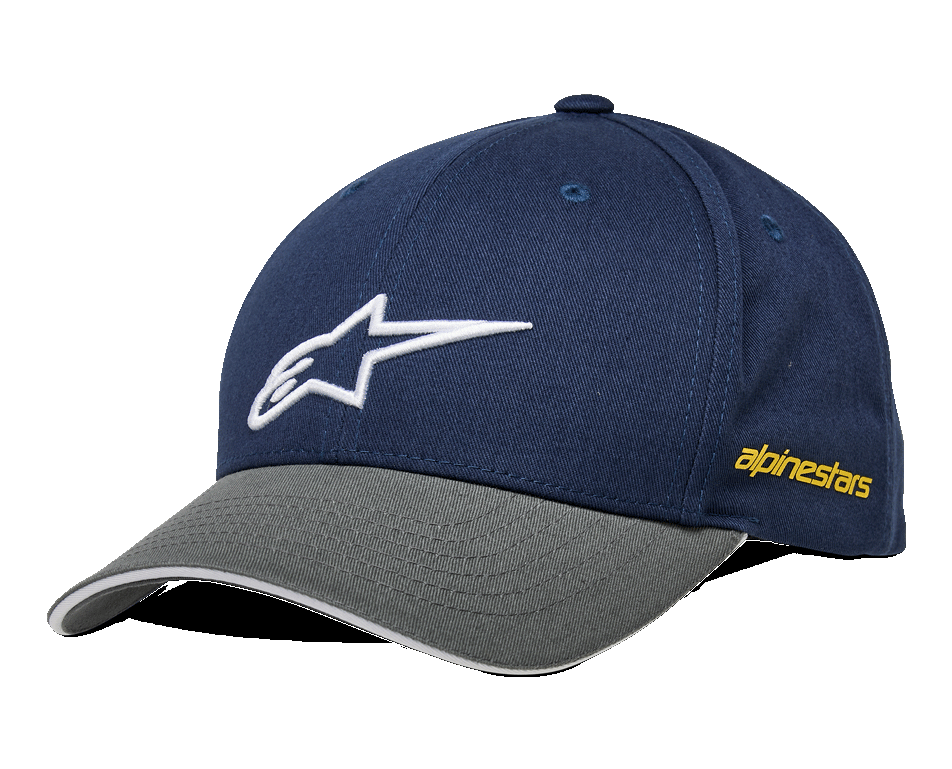Alpinestars Rostrum kasket, baseballcap, mørkeblå og grå, hvidt broderet stjernelogo, gul branding på siden, buet skygge, afslappet motorsport streetwear