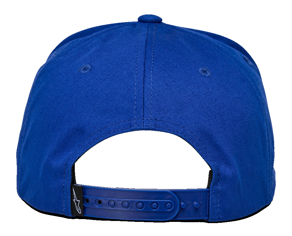 Alpinestars Los Angeles Hat, rear view, blue cotton twill, adjustable blue snapback closure, small black tag with white Ageless logo, casual sportswear headwear