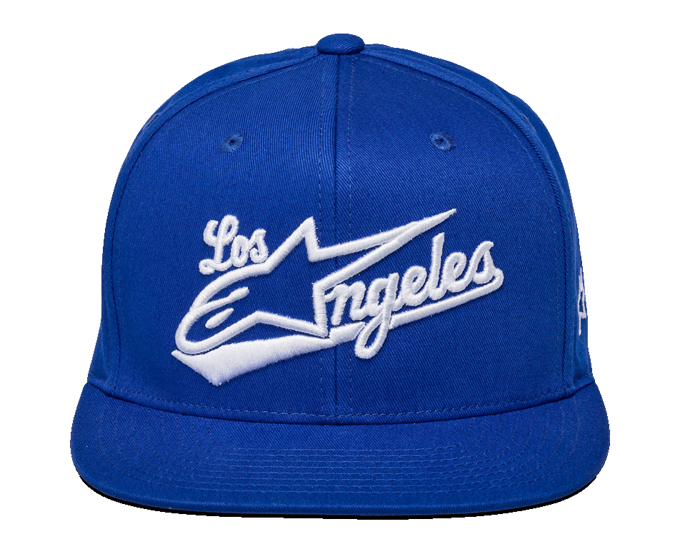 Alpinestars Los Angeles Hat, Blue Snapback Cap, White 3D embroidery with athletic 'Los Angeles' font and Ageless logo, structured crown, flat bill, casual sportswear streetwear.