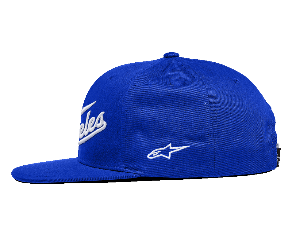 Alpinestars Los Angeles Hat, Flat Bill Snapback Hat, Blue with White embroidery, side view featuring a structured crown, 3D embroidered lettering on front, and small Ageless logo on the side