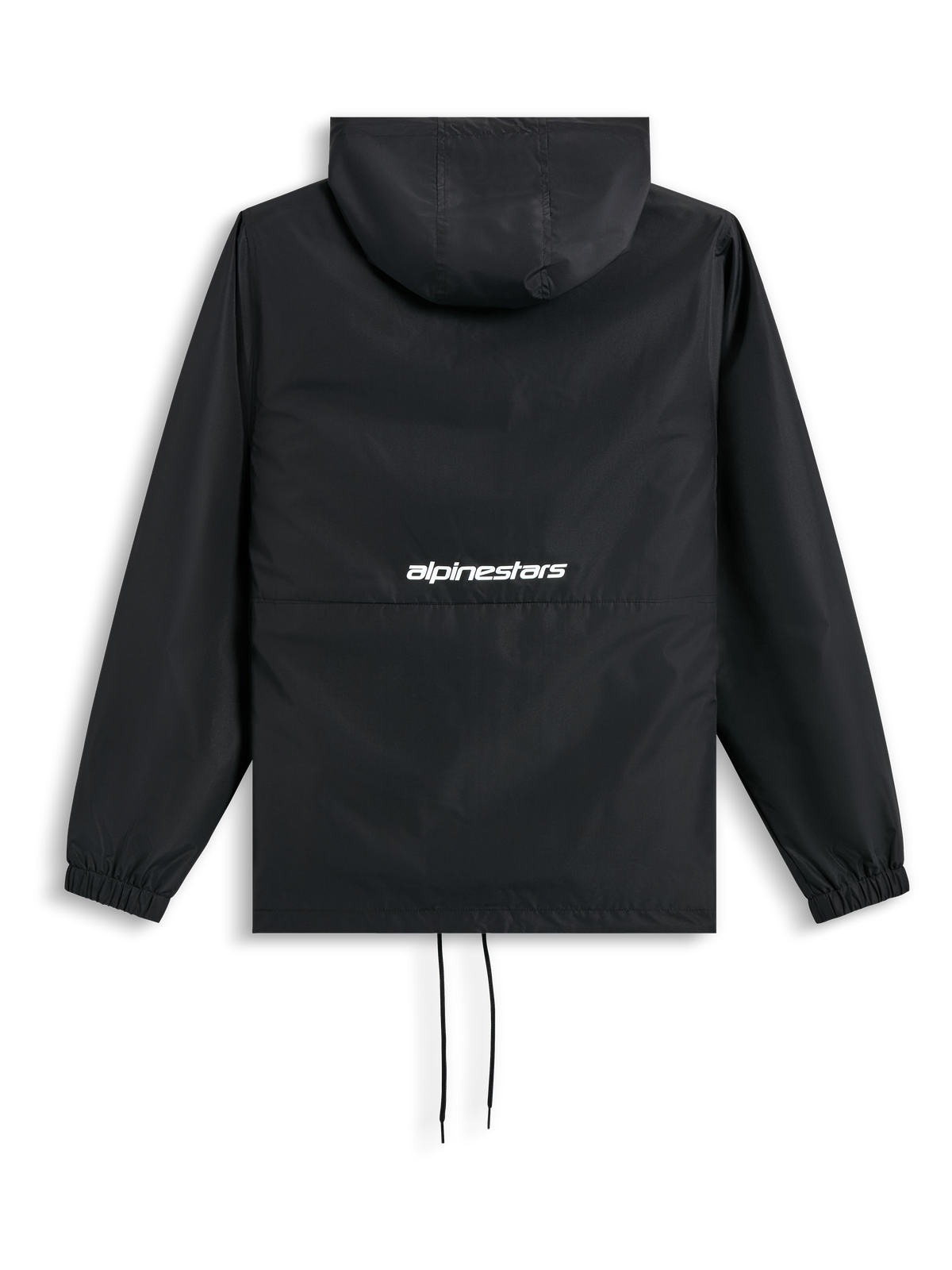 Alpinestars Speeder Chromium Windbreaker Jakke, sort vindjakke set bagfra med hætte, elastiske manchetter, snøregang og hvidt ordlogo på ryggen