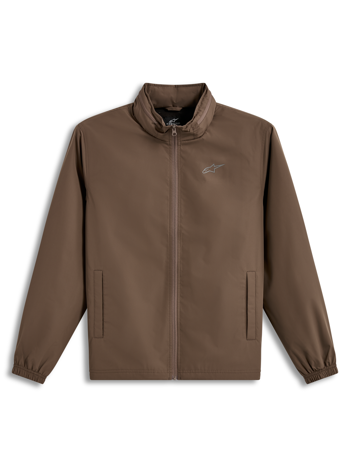 Alpinestars Overhaul Racer jakke, letvægts brun sportsjakke med skjult hætte og logo på brystet.