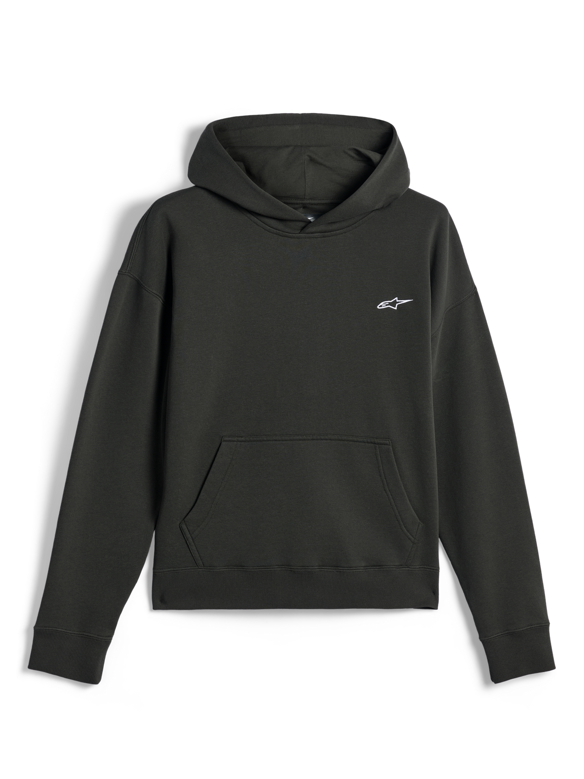 Alpinestars Essentials Ageless Hættetrøje, casual streetwear, Off Black med lille hvidt Astars-logo, pullover med hætte og kængurulomme foran, premium stenvasket fleece-finish