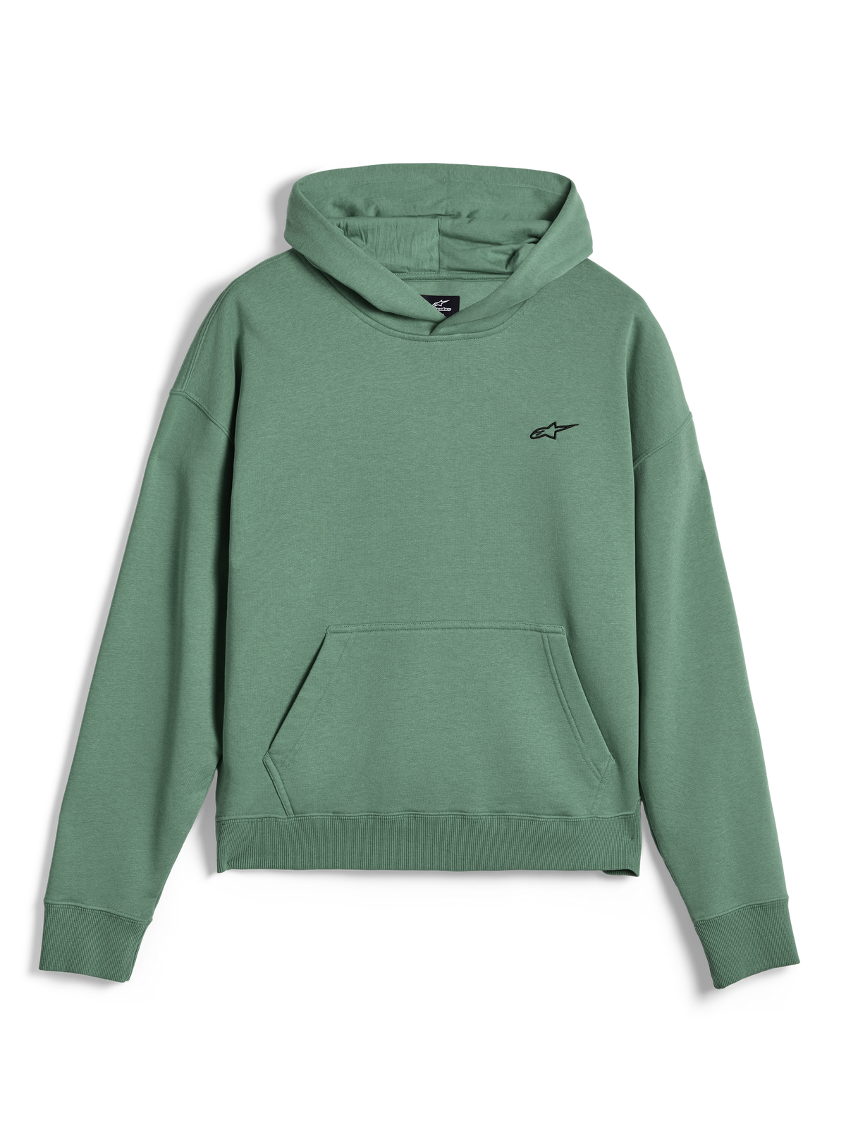 Alpinestars Essentials Ageless hættetrøje, afslappet streetwear-pullover, kaktusgrøn med stenvasket finish, lille sort Alpinestars-logo på brystet, kængurulomme foran, ribbede manchetter og kant, førsteklasses fleecemateriale
