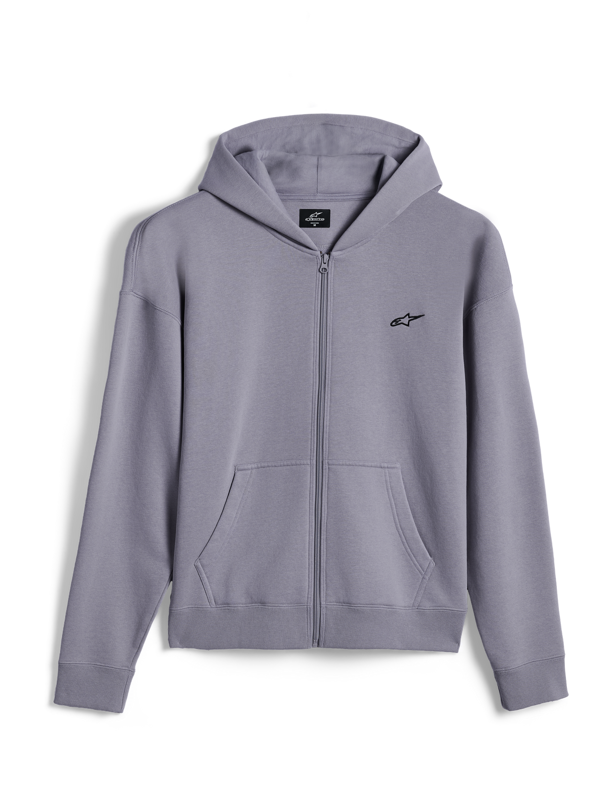 Alpinestars Essentials Ageless Zip Hoodie, afslappet streetwear, sølvfarvet, lille sort Alpinestars-logo på brystet, fuld lynlås foran med kængurulommer, ribbede manchetter og kant, minimalistisk motorsport-inspireret design