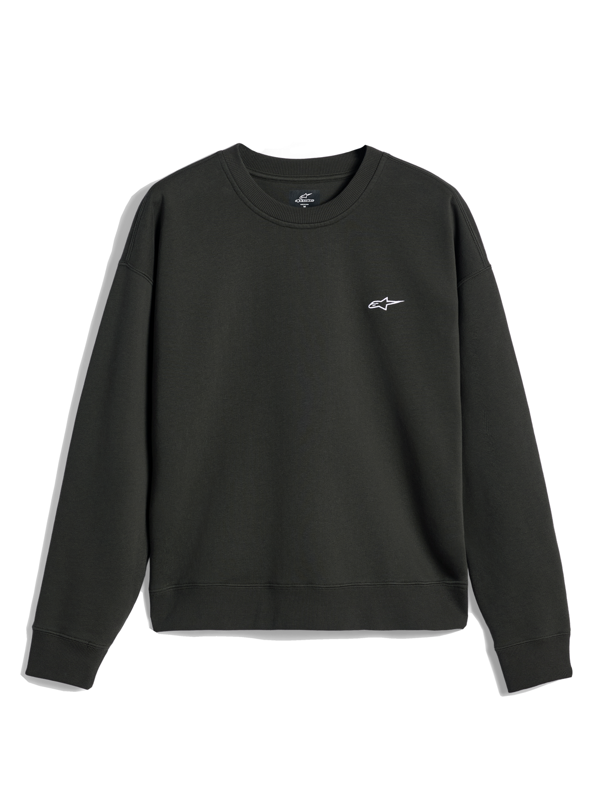 Alpinestars Essentials Ageless Crew, crewneck sweatshirt, Off Black, lille hvidt A-star logo på brystet, ribstrikket krave, manchetter og kant, afslappet premium fleece streetwear