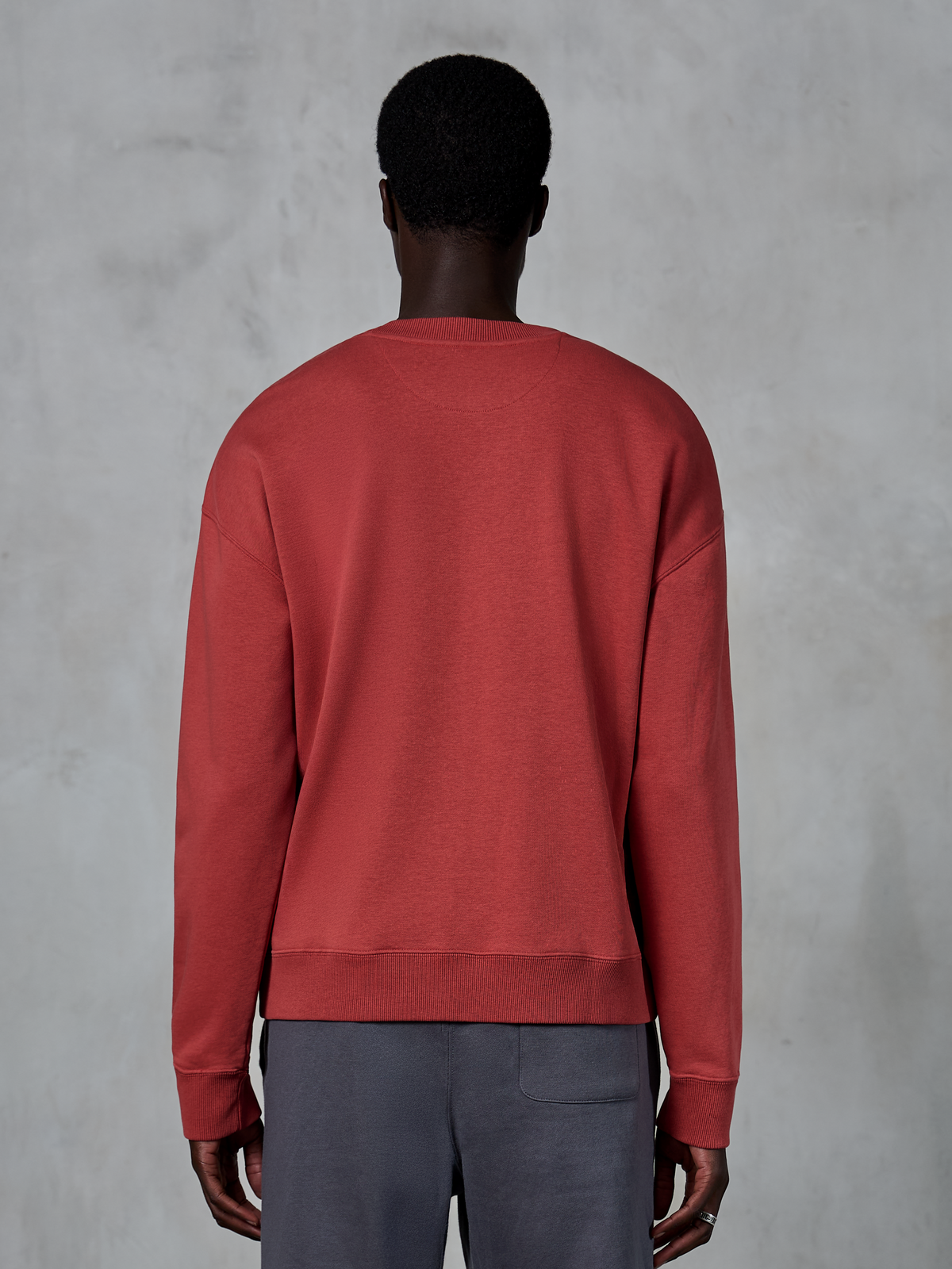Alpinestars Essentials Ageless Crew, teglrød sweatshirt med rund hals, bagfra af model i afslappet pasform, ribstrikket krave og manchetter, afslappet motorsport-inspireret streetwear