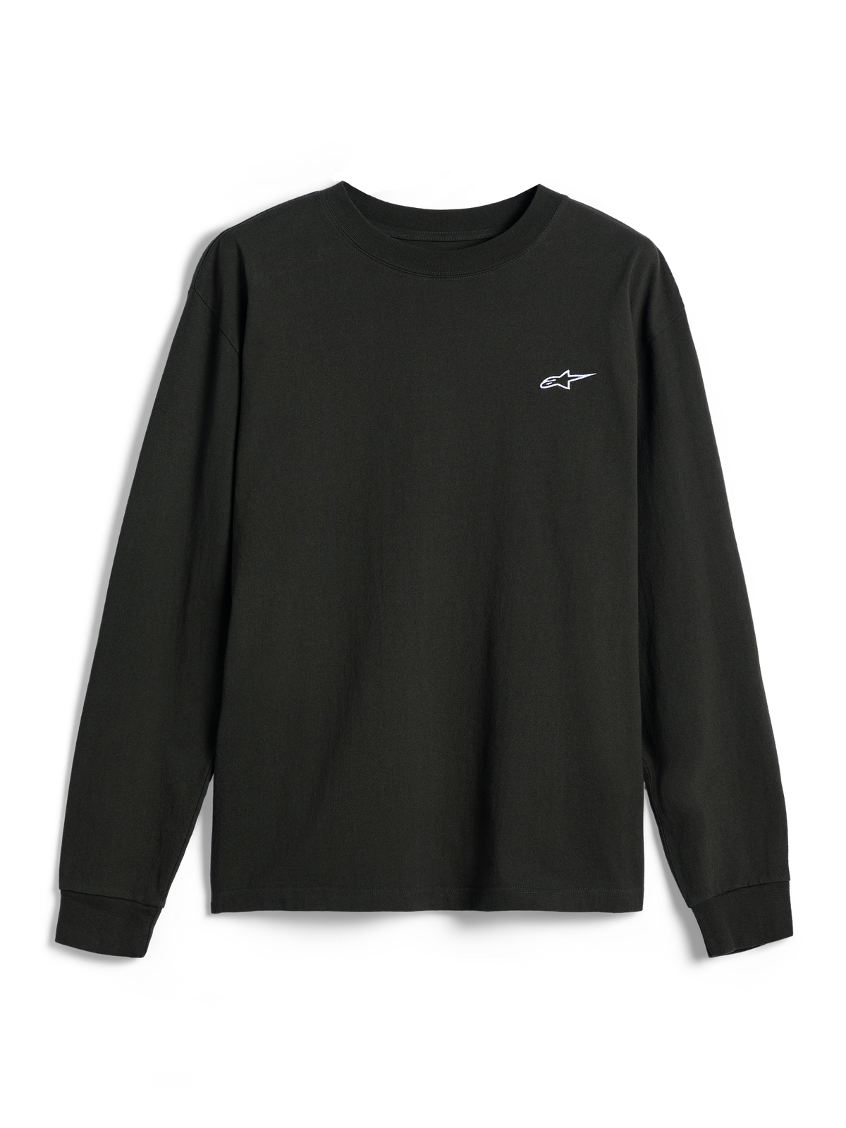 Alpinestars Essentials Ageless LS Tee, langærmet T-shirt, Off Black, lille hvidt Alpinestars-logo på brystet, rund hals, afslappet pasform, casual lifestyle streetwear