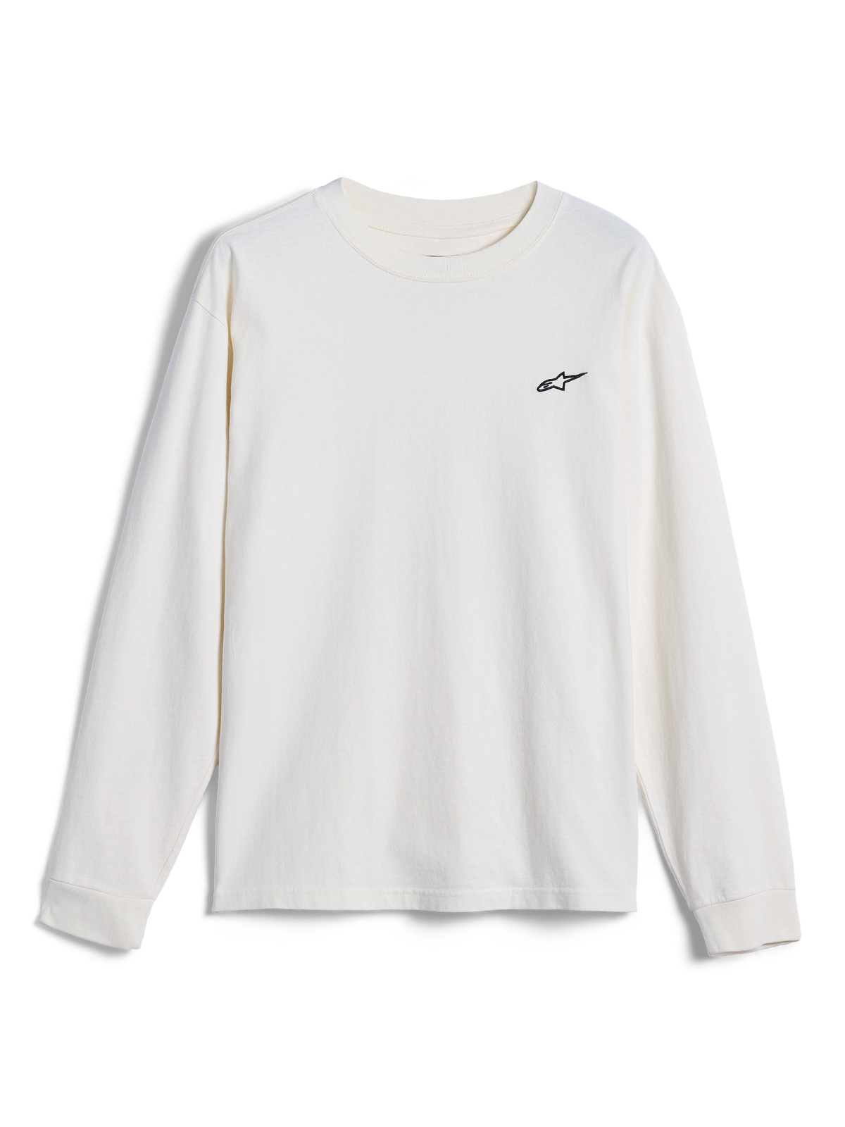 Alpinestars Essentials Ageless LS Tee, langærmet t-shirt, Off White, med et lille sort Alpinestars-logo på brystet, afslappet motorsport-inspireret streetwear