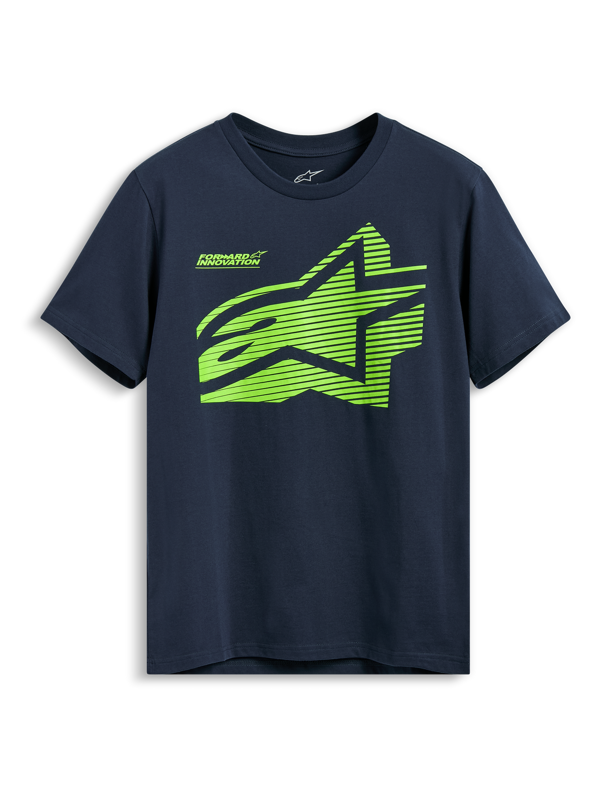 Alpinestars Fasting CSF Tee, kortærmet t-shirt, marineblå, limegrønt geometrisk Astars-logo med Forward Innovation-tekst, casual sportswear