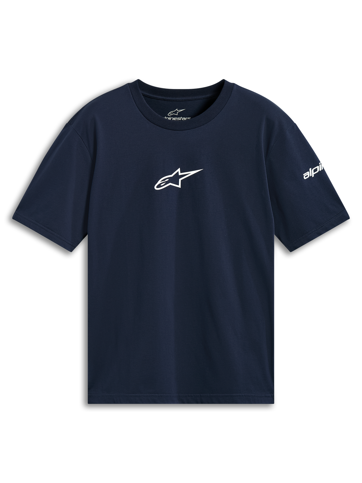 Alpinestars Frontal CSF Tee, kortærmet t-shirt, navyblå, hvidt stjernelogo midt på brystet, bæredygtigt performance-sportstøj